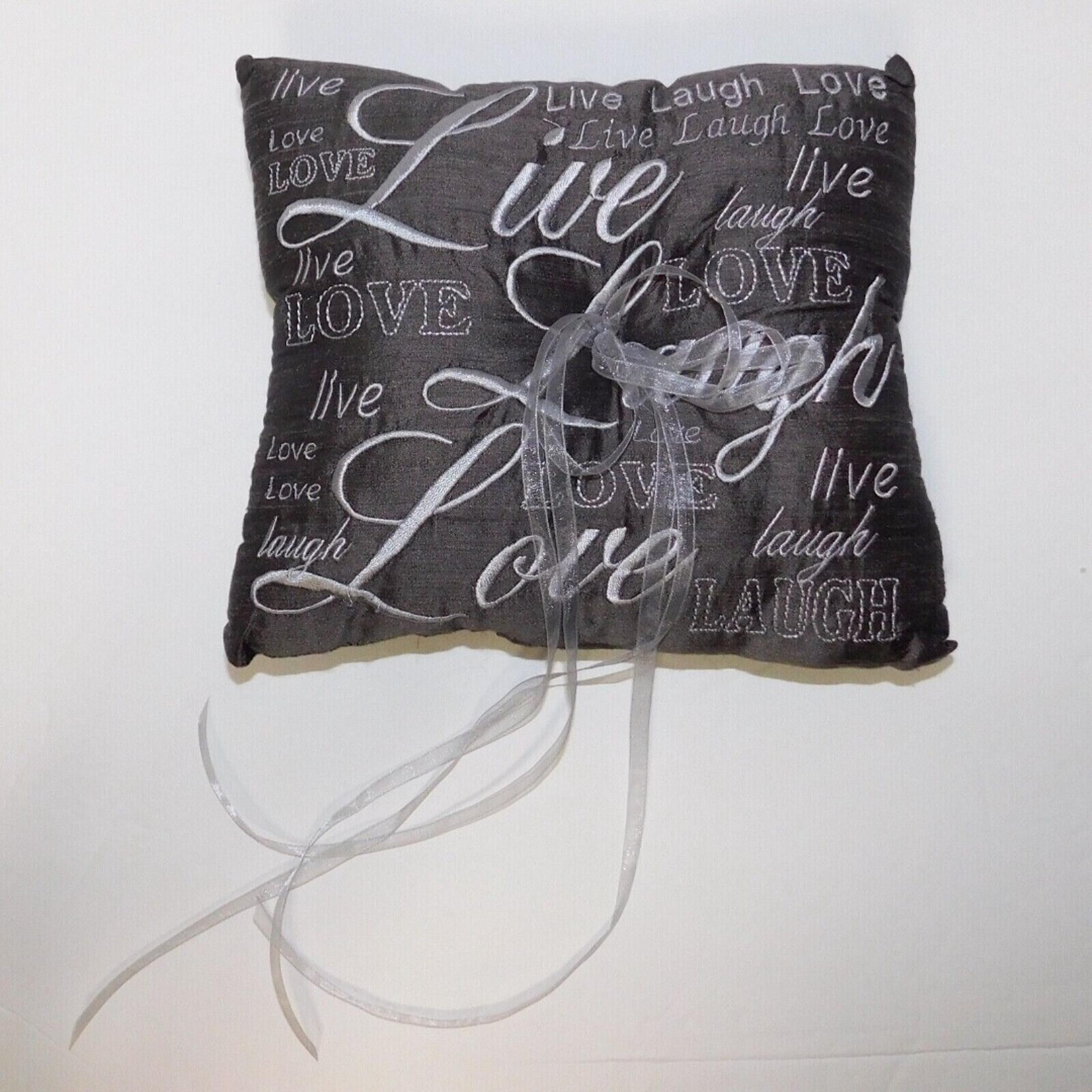 Wedding Ring Pillow Scroll Embroidery Sheer Ribbon Love Laugh Live Brown White