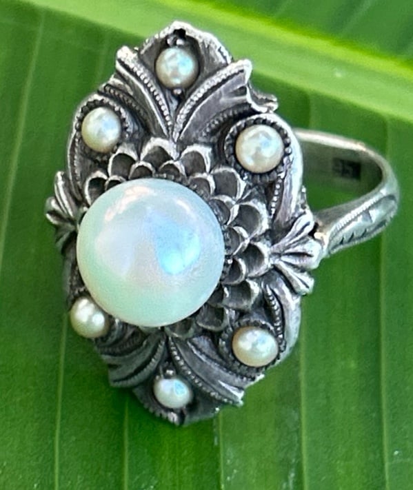 Antique art deco Victorian 950 sterling silver pearl and seed pearl ring size 5