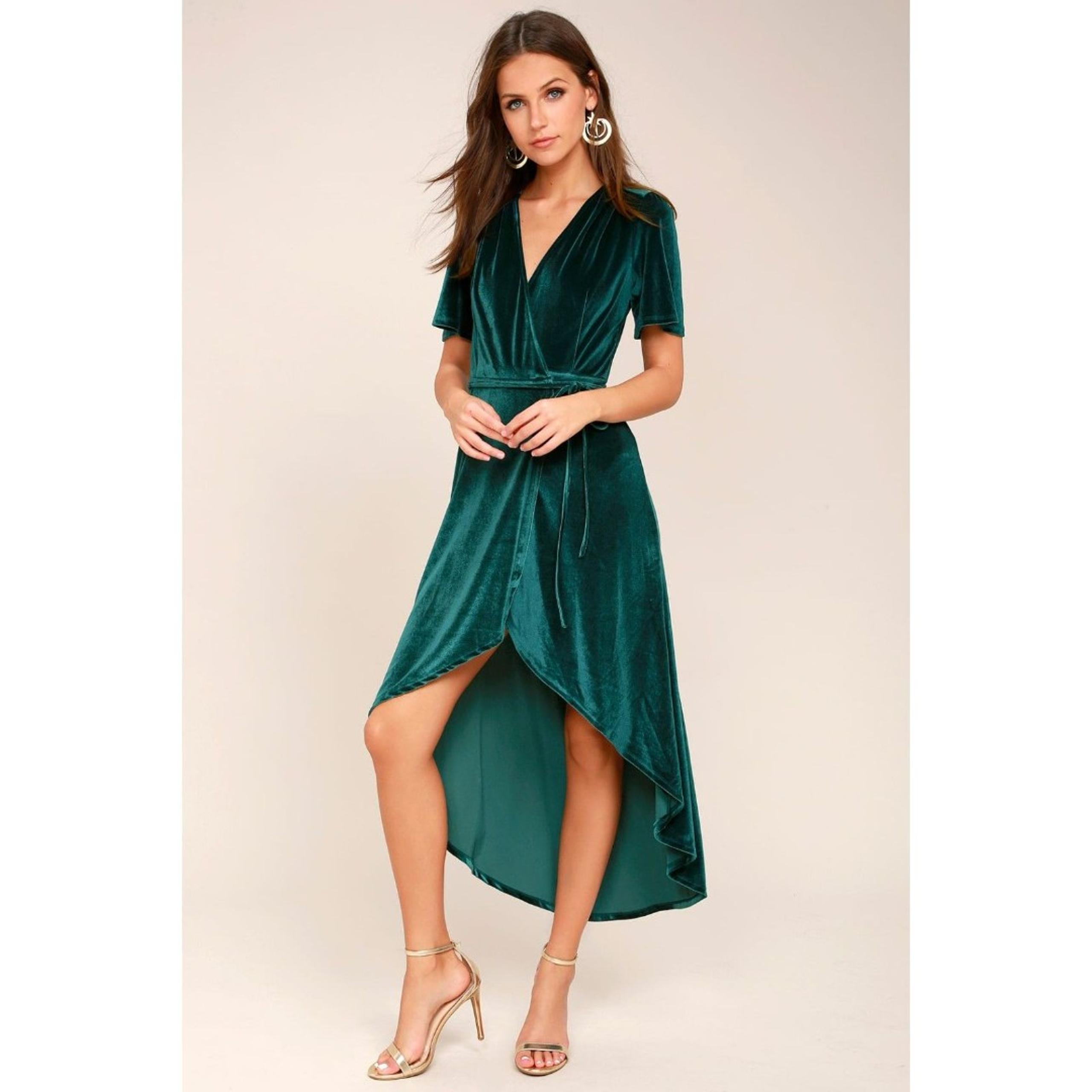 LULUS Amour Teal Emerald Green Velvet High Low V-Neck Wrap Dress Size Medium