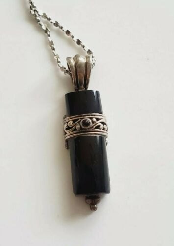 VINTAGE ORNATE 925 STERLING SILVER ONYX BAR PENDANT NECKLACE