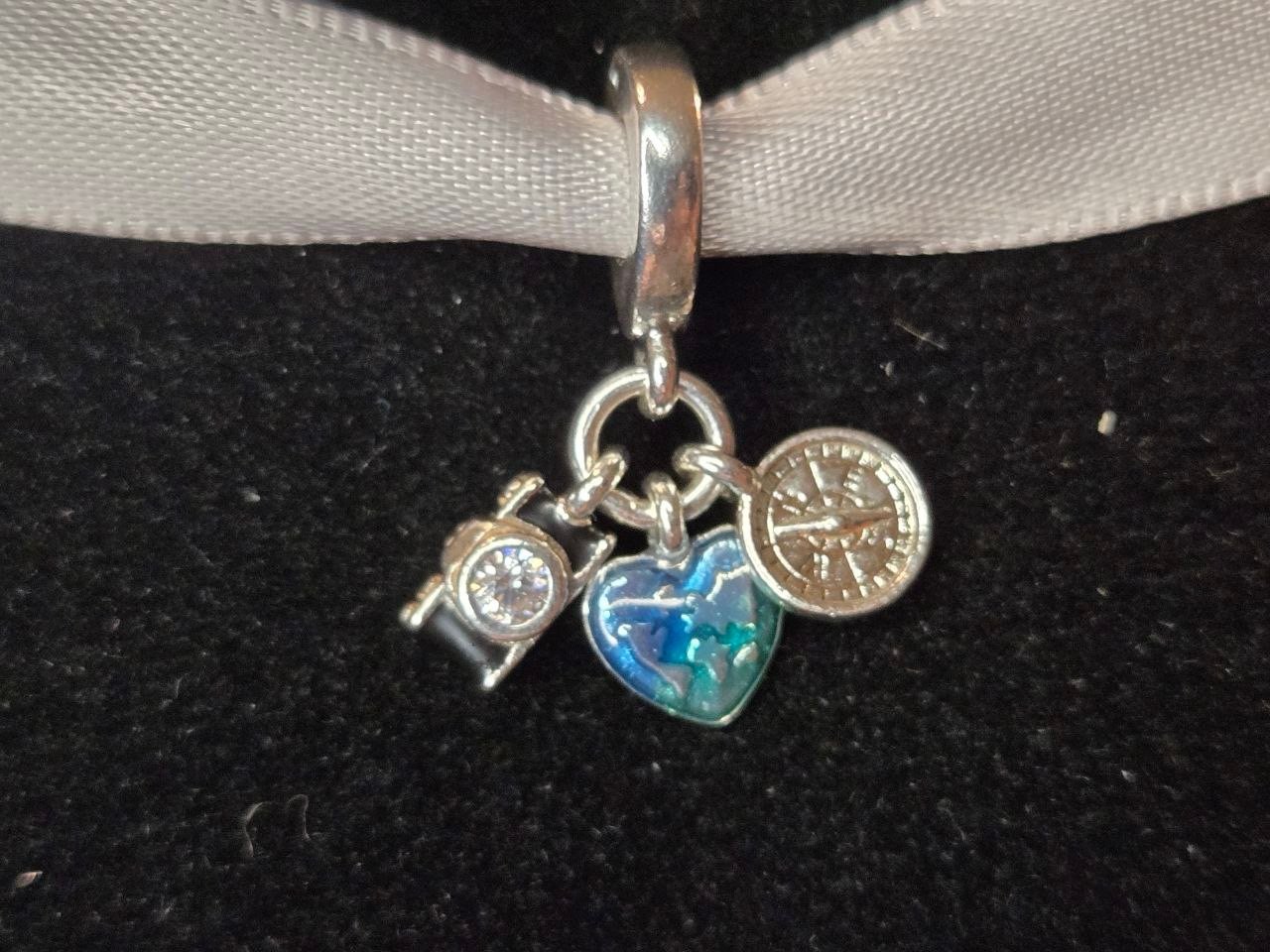 AUTHENTIC PANDORA: Camera, Heart & Compass Triple Dangle Charm, 925 Silver