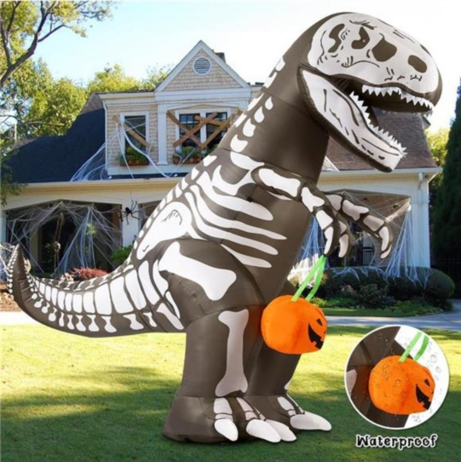 7.5 FT Halloween Inflatable Lighted Skeleton Dinosaur Holding Pumpkin New
