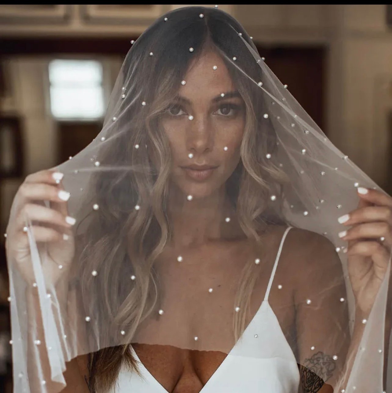 Cathedral Veil with blush . Wedding veil with pearls . 10 feetComb Champagne
