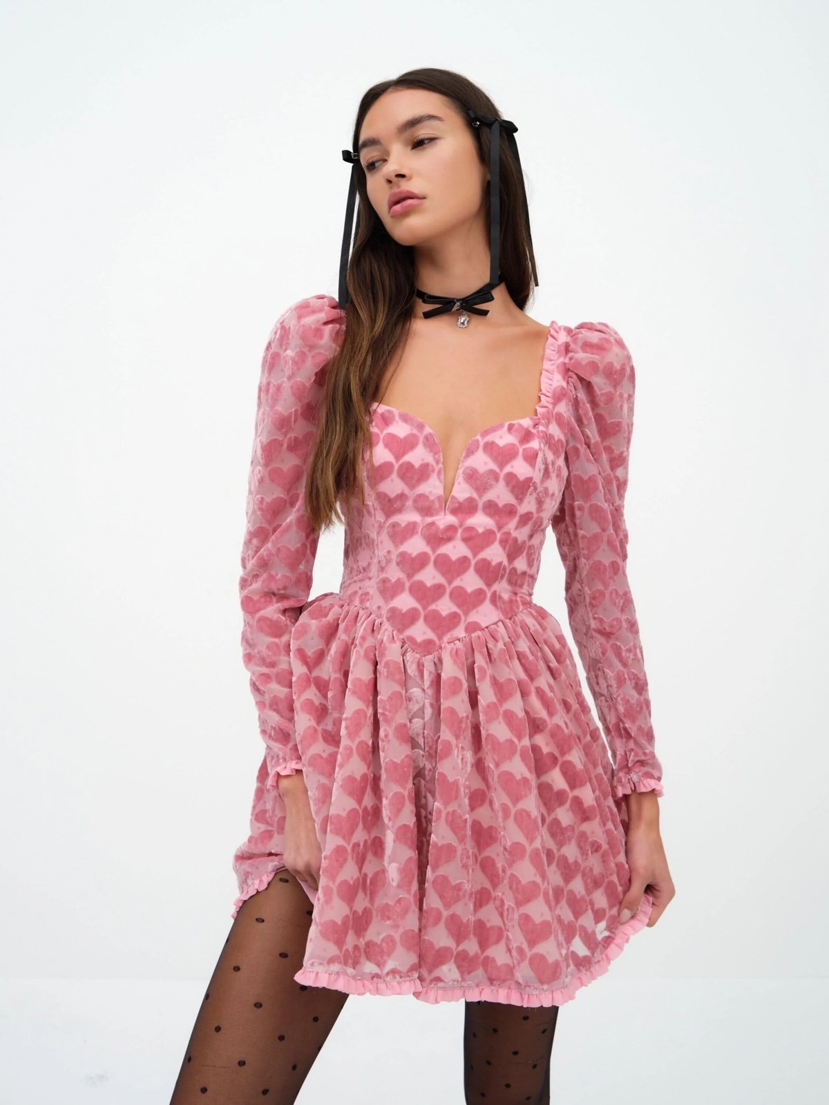 For Love & Lemons Pink Velvet Heart Theresa Mini Dress RARE XS NWT