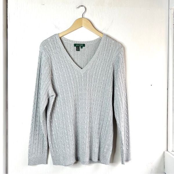 Lauren Ralph Lauren Silver Cable Knit V Neck Sweater