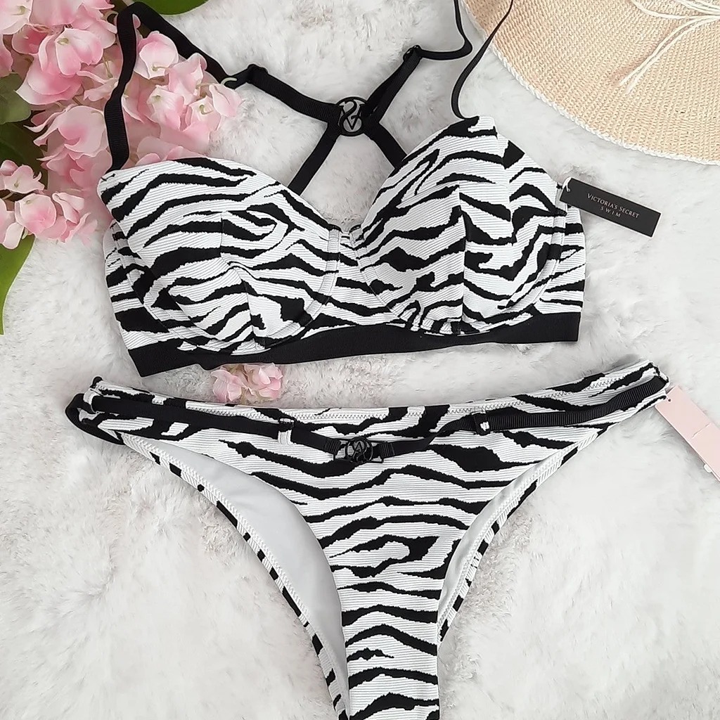 NEW 34D-M VS Zebra Wild Wanderer Belted Swim Bikini set