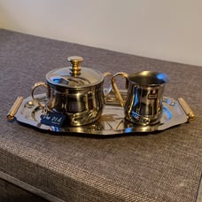 Vintage Inoxriv Italy Stainless Steel and Gold Creamer Lidded Sugar Dish -Tray