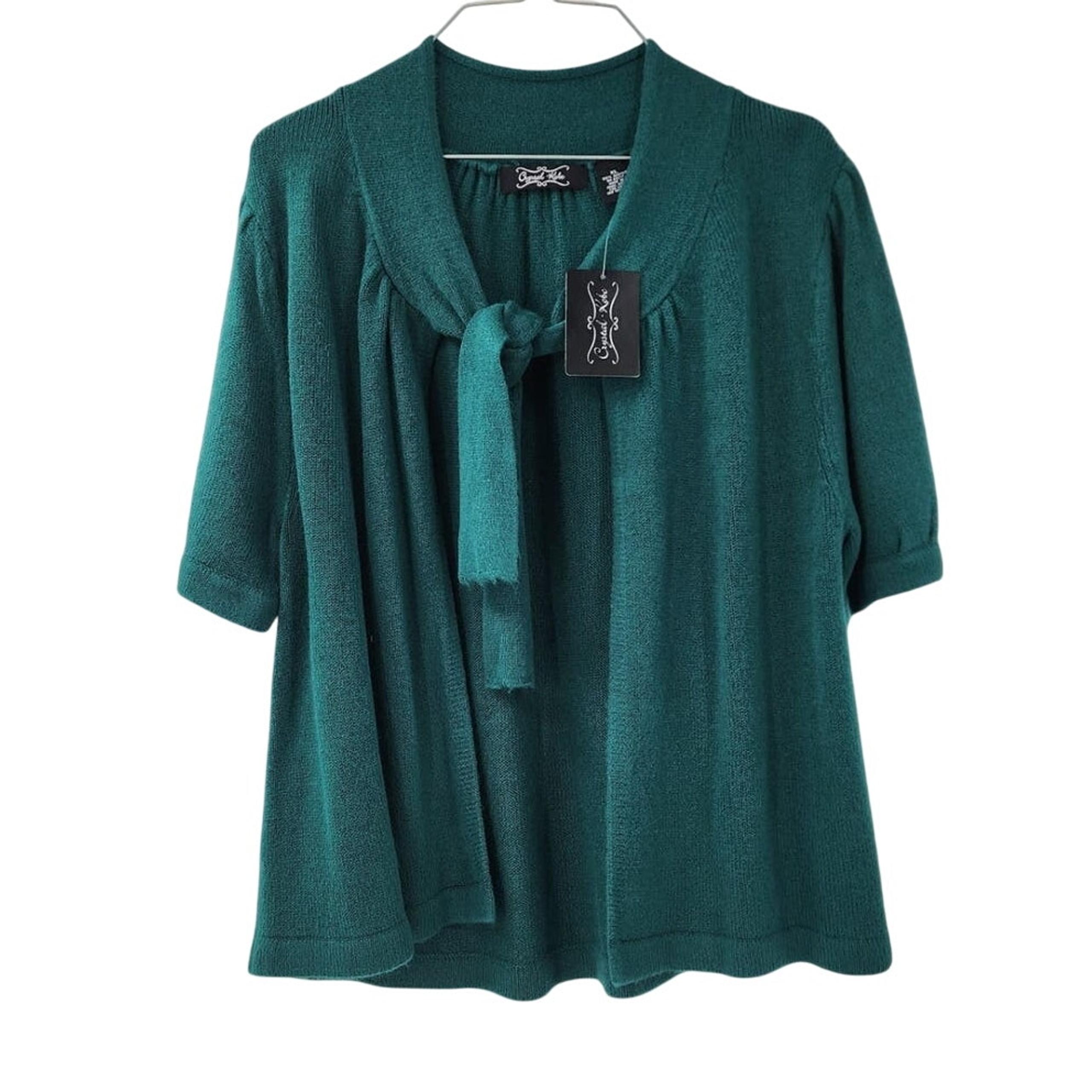 CRYSTAL KOBE Sea Pine Green Tie Neck Short Sleeve Sweater Top Womens Size XL
