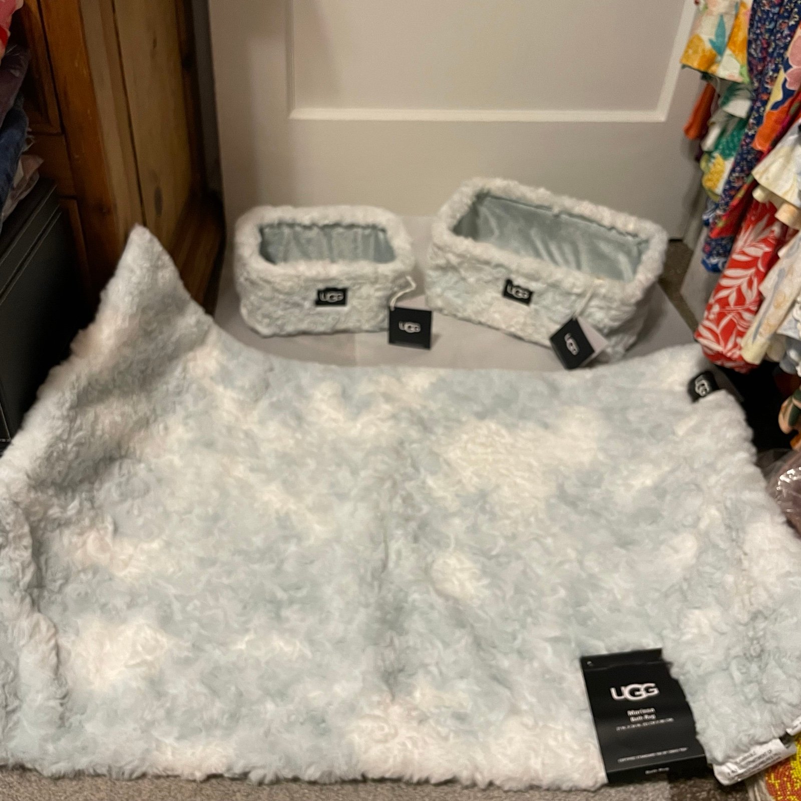 UGG accessory faux fur storage boxes with matching rug