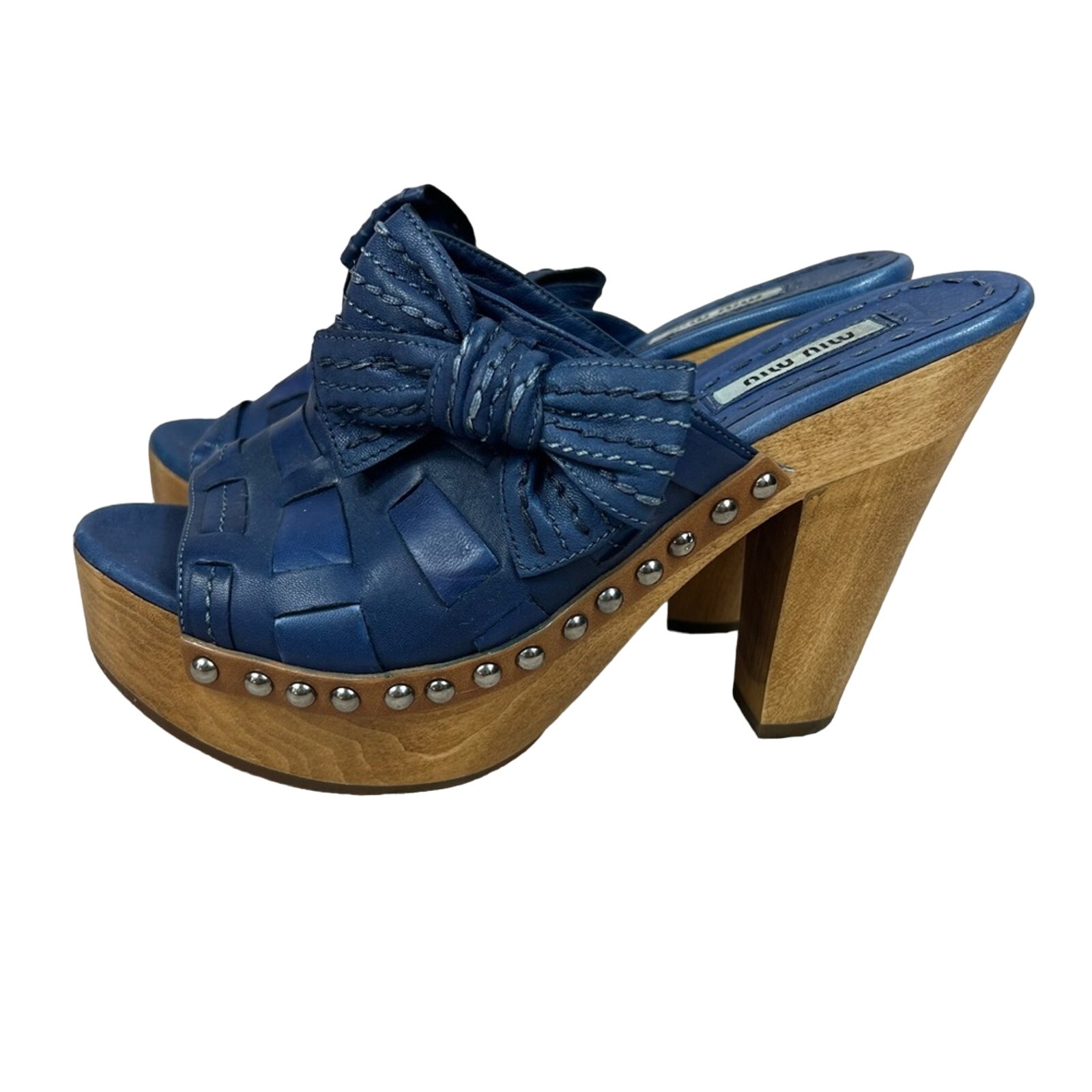 Miu Miu Womens 6 Blue Leather Bow PeepToed Clogs Studded Platform Designer Boho