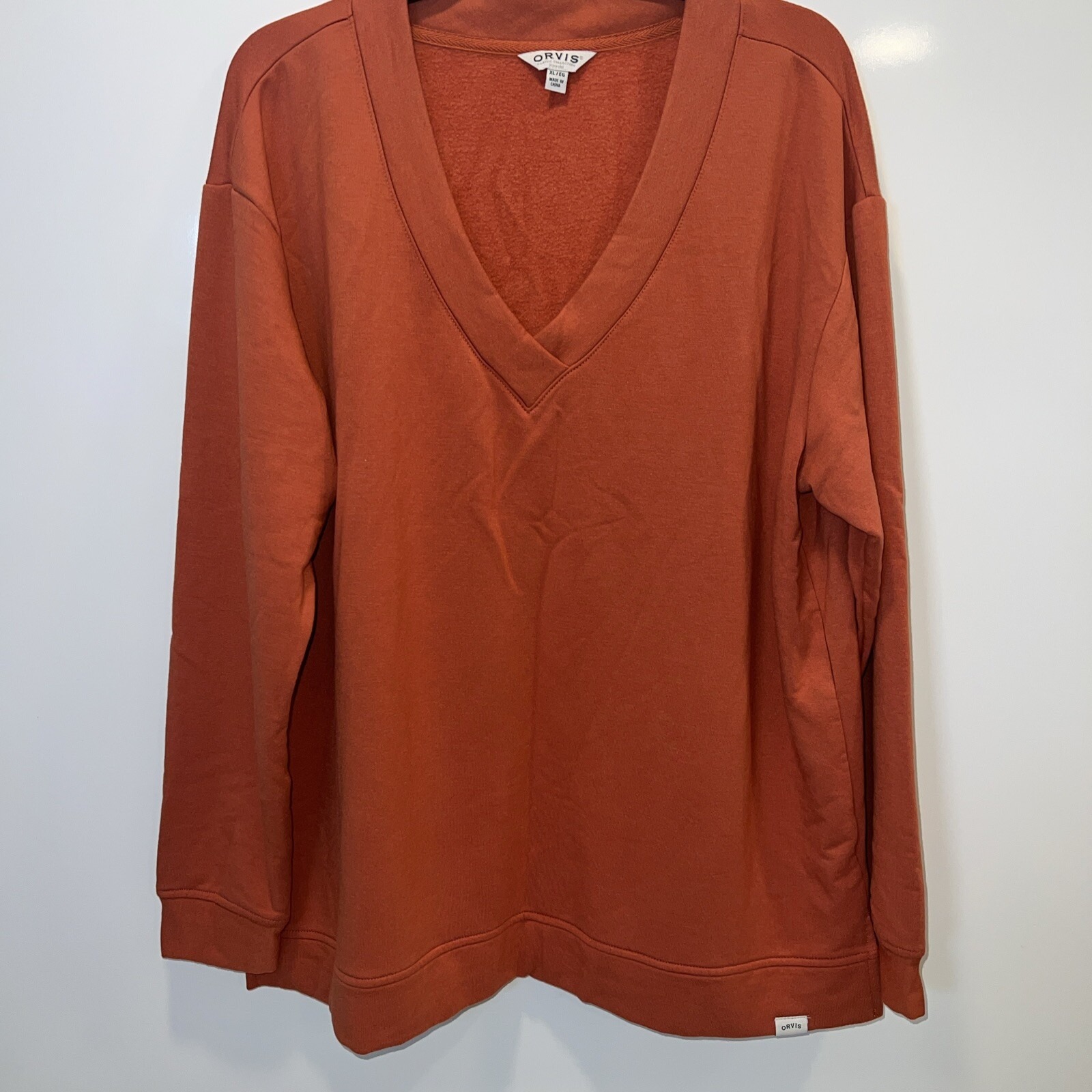 Orvis Womens Sweatshirt Burnt Orange Size XL V-Neck Dropped Sleeve Fleece Lined