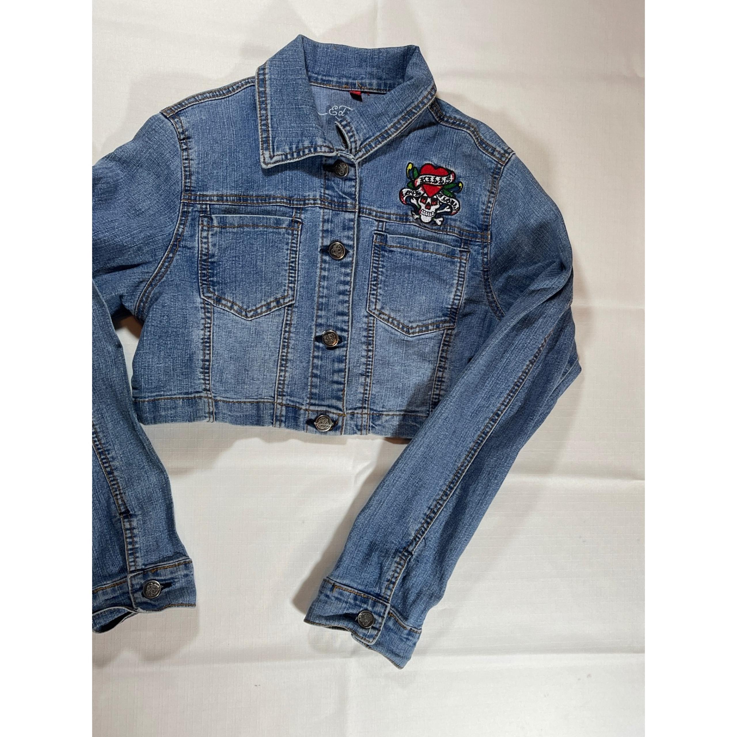 Ed Hardy Denim Jacket Cropped Embellished Skull Heart Patch Y2K juniors  XL