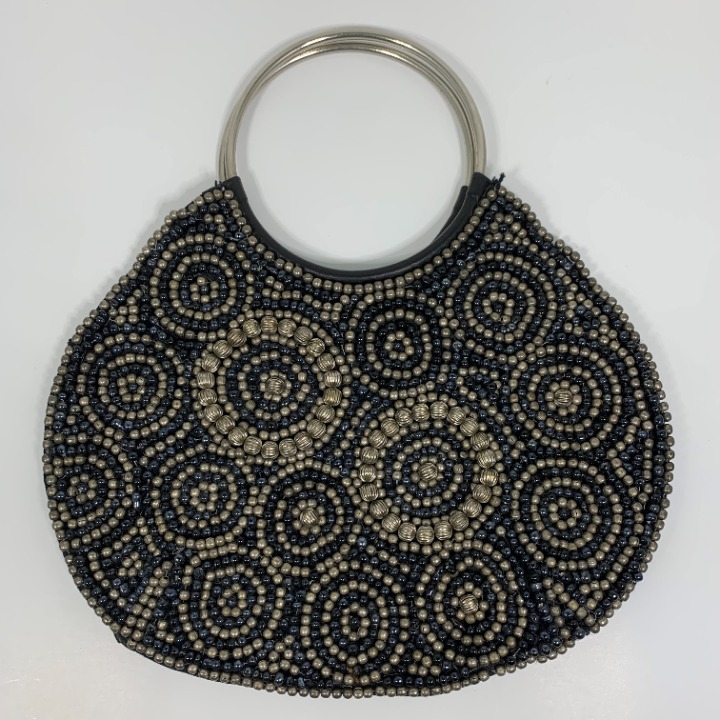 Beaded Black Leather Clamshell Evening Bag Boho