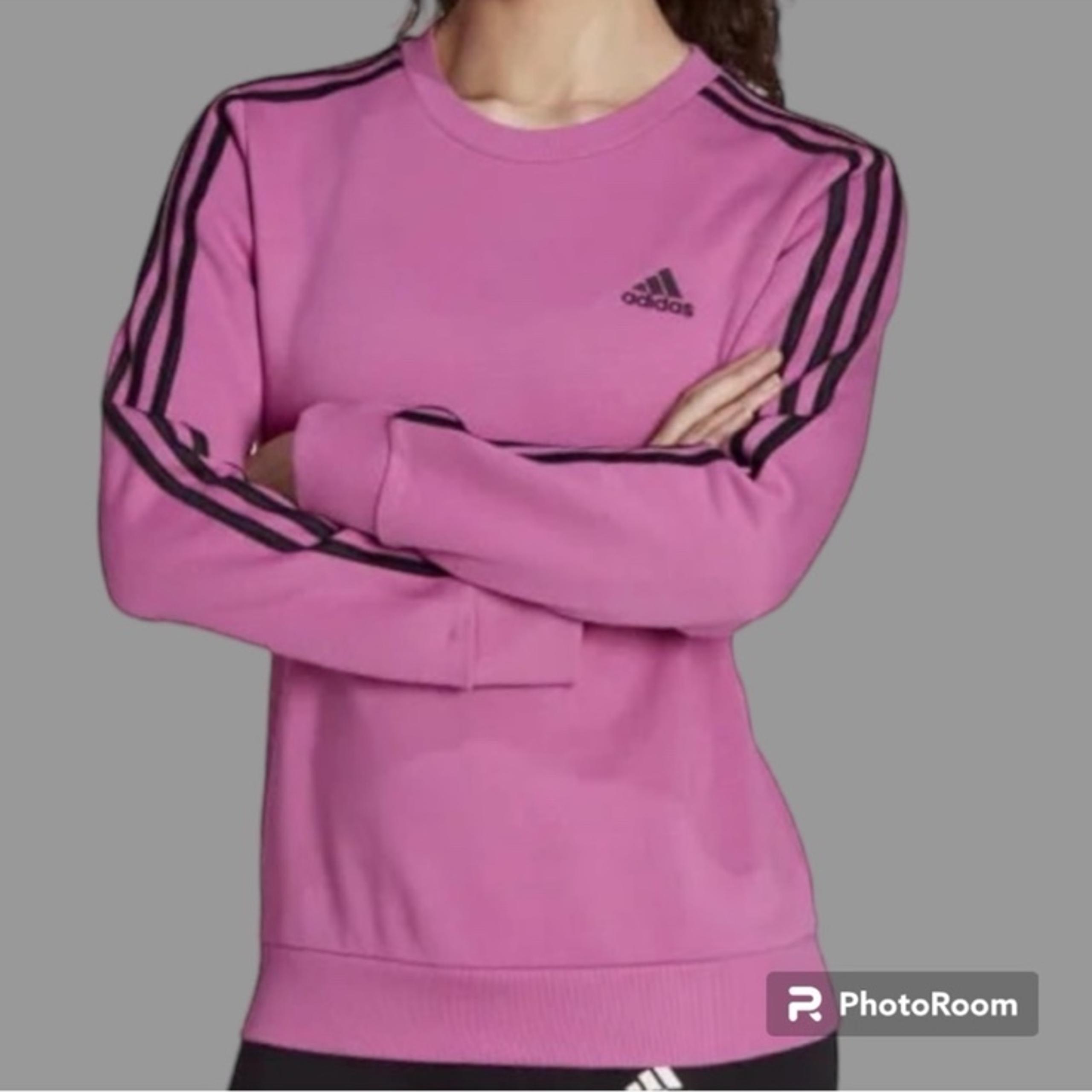 ADIDAS-Essential 3 Striped Fleece Sweatshirt Lilac / Black size LARGE