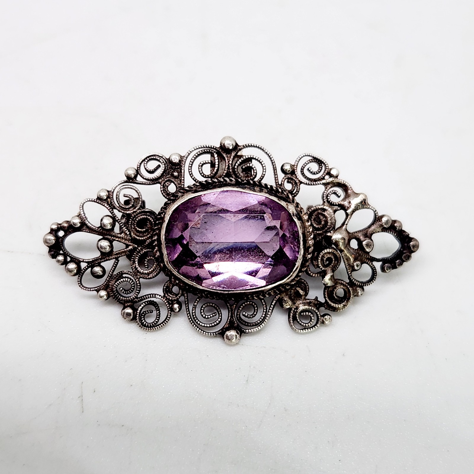 Vintage Filigree Ornate Silver 800 Amethyst Brooch Victorian Cannetille Pin