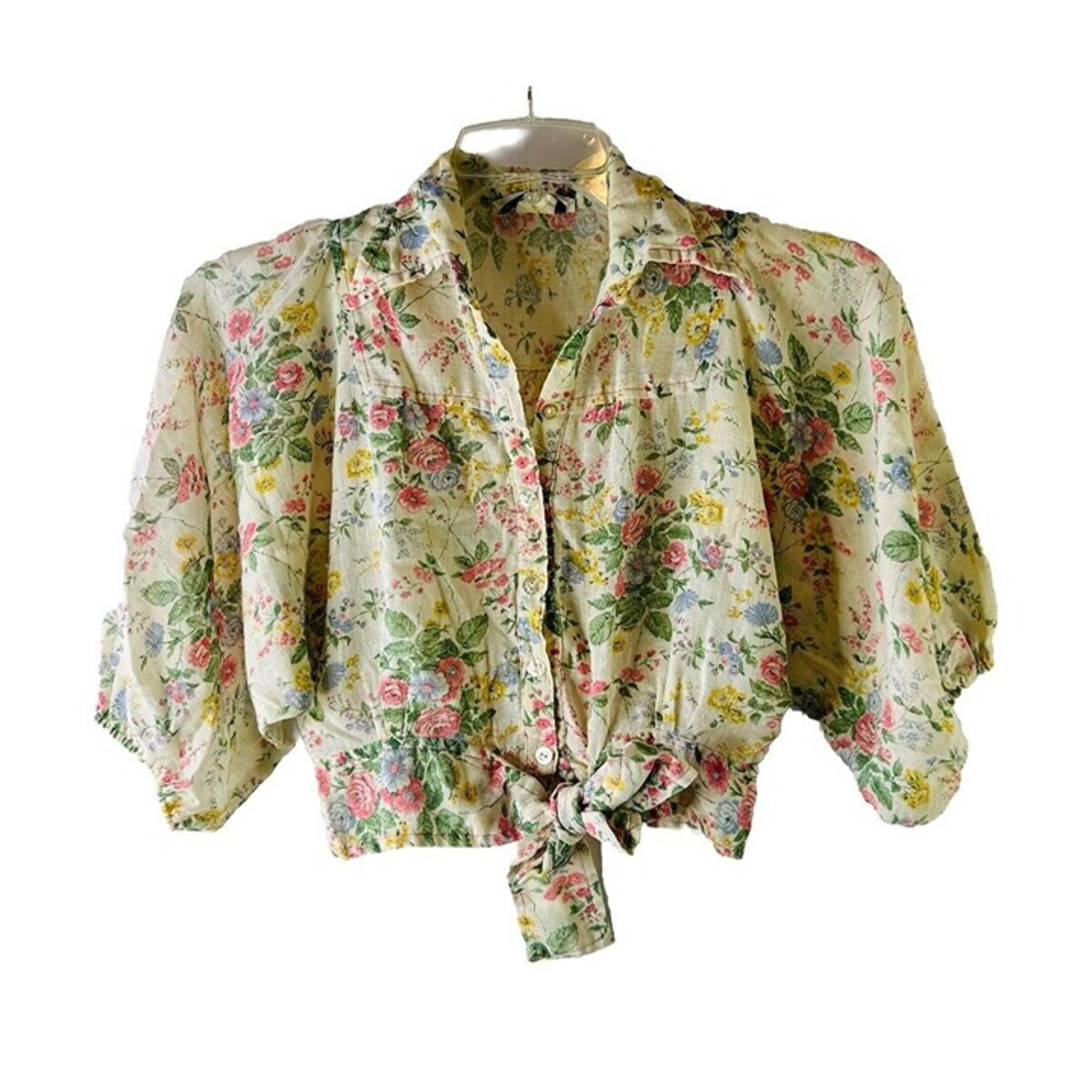 Vintage 60s Womens Small Country Floral Cropped Button Shirt Blouse Cottagecore