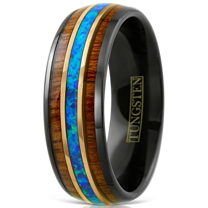 Men's Black Tungsten Wedding Band with Koa Wood and Blue Opal Stripe - Men's Rin