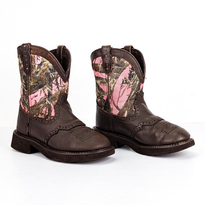 Justin Boots Women Gypsy Pink Camo Age Leather Canvas Cowbot Boots sz 6.5