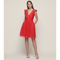Reiss Abrianna Red Lace V-Neck Cap Sleeve Cocktail Dress Size 4