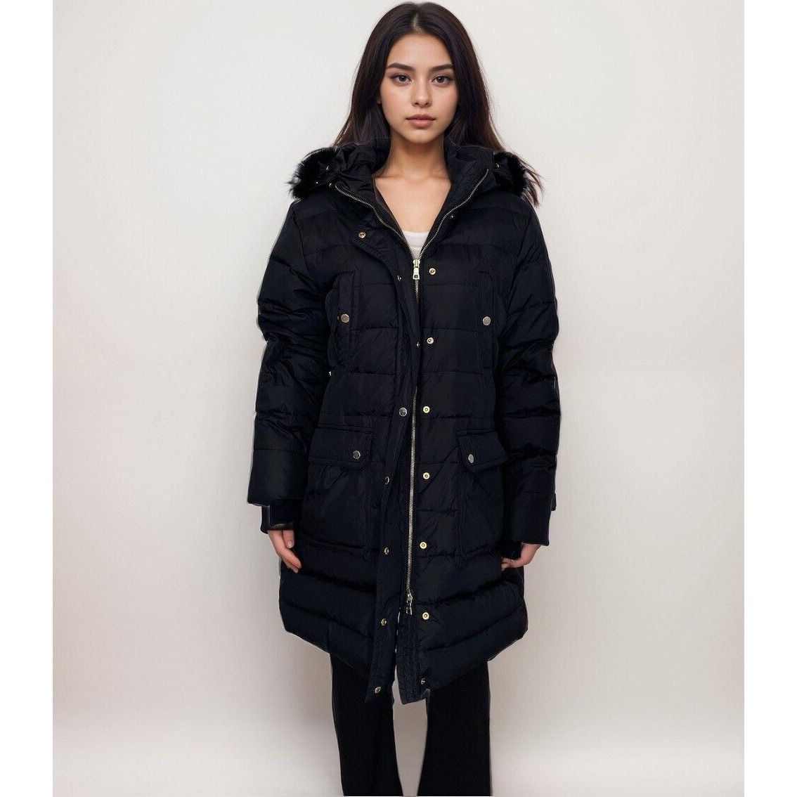 Massimo Dutti Down Parka Jacket Women's Sz 42 L-XL Black Winter Snow Insulated