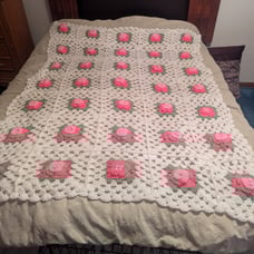 Crocheted Granny Square Pink Roses Afghan 68x50