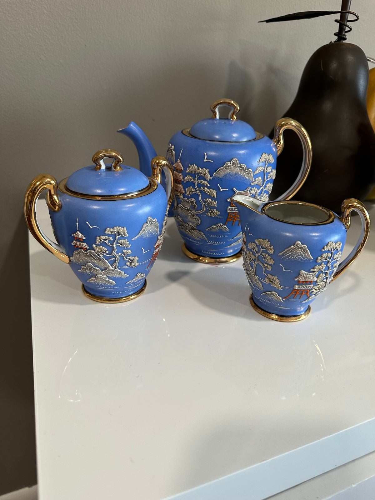 Japanese vintage hand pinted blue tea set