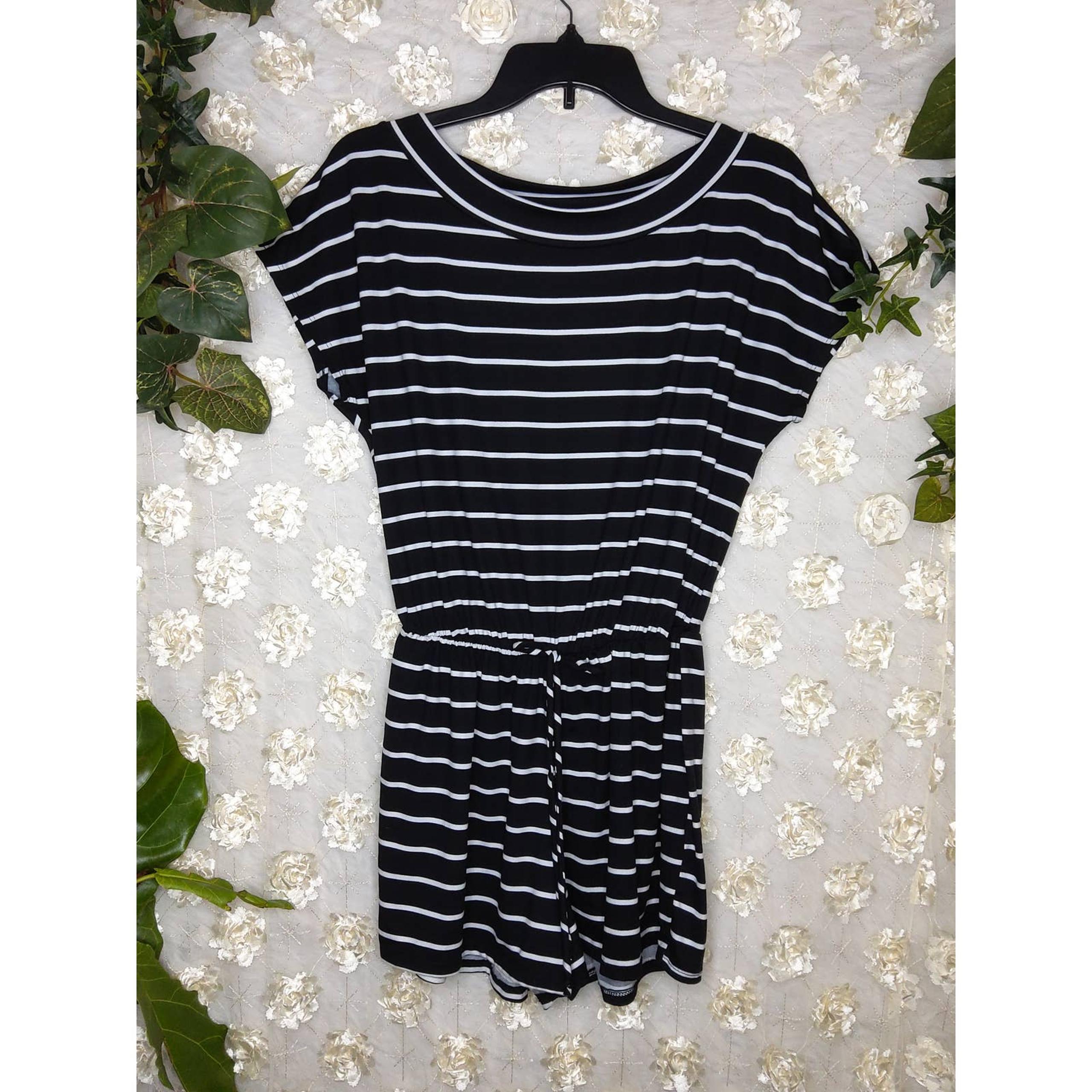 Women's Pink Lily Romper Short Sleeve Black White Stripes Tie at Waist Size S