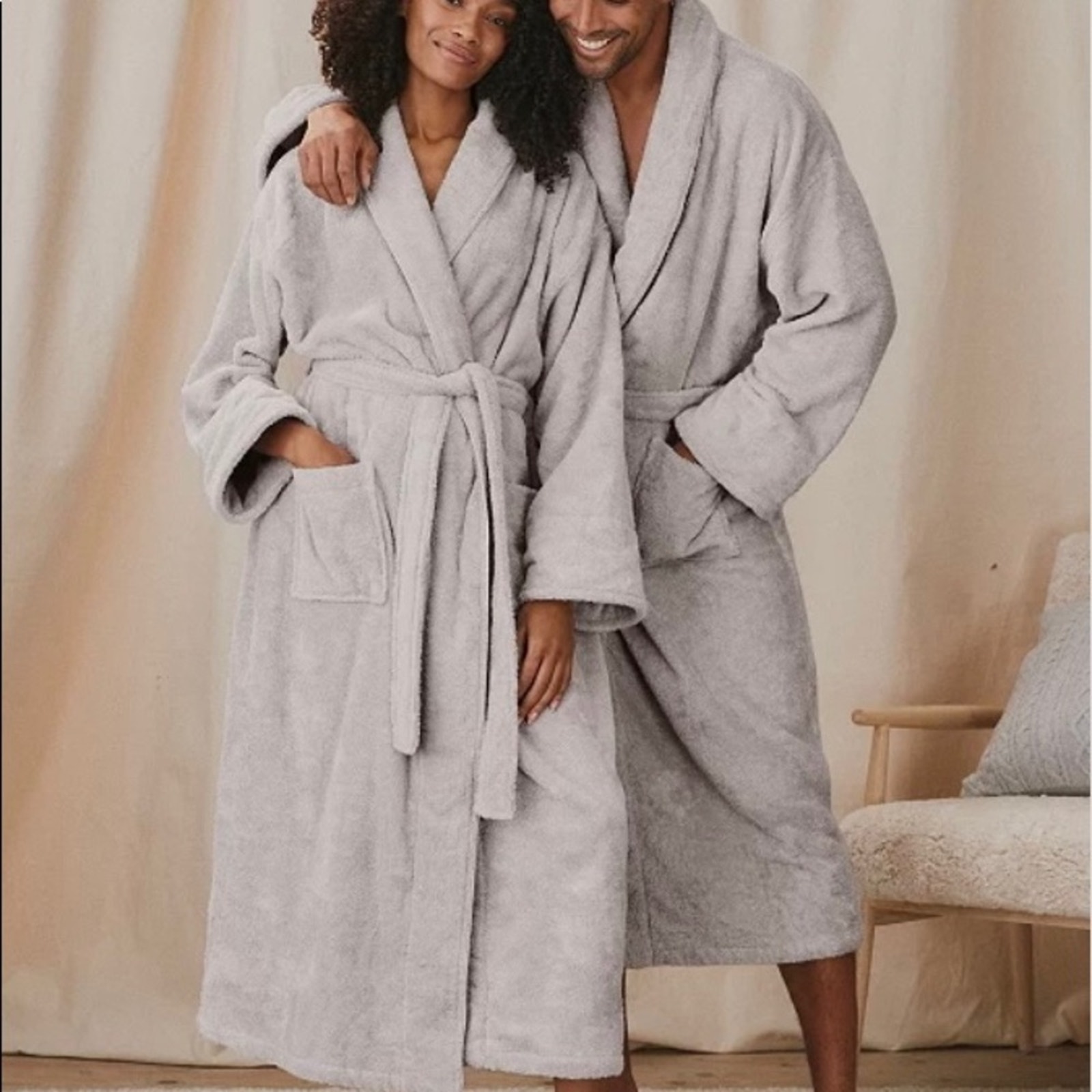The White Company SLEEP Luxury Pearl Grey 100% Cotton Robe Pockets Small NEW