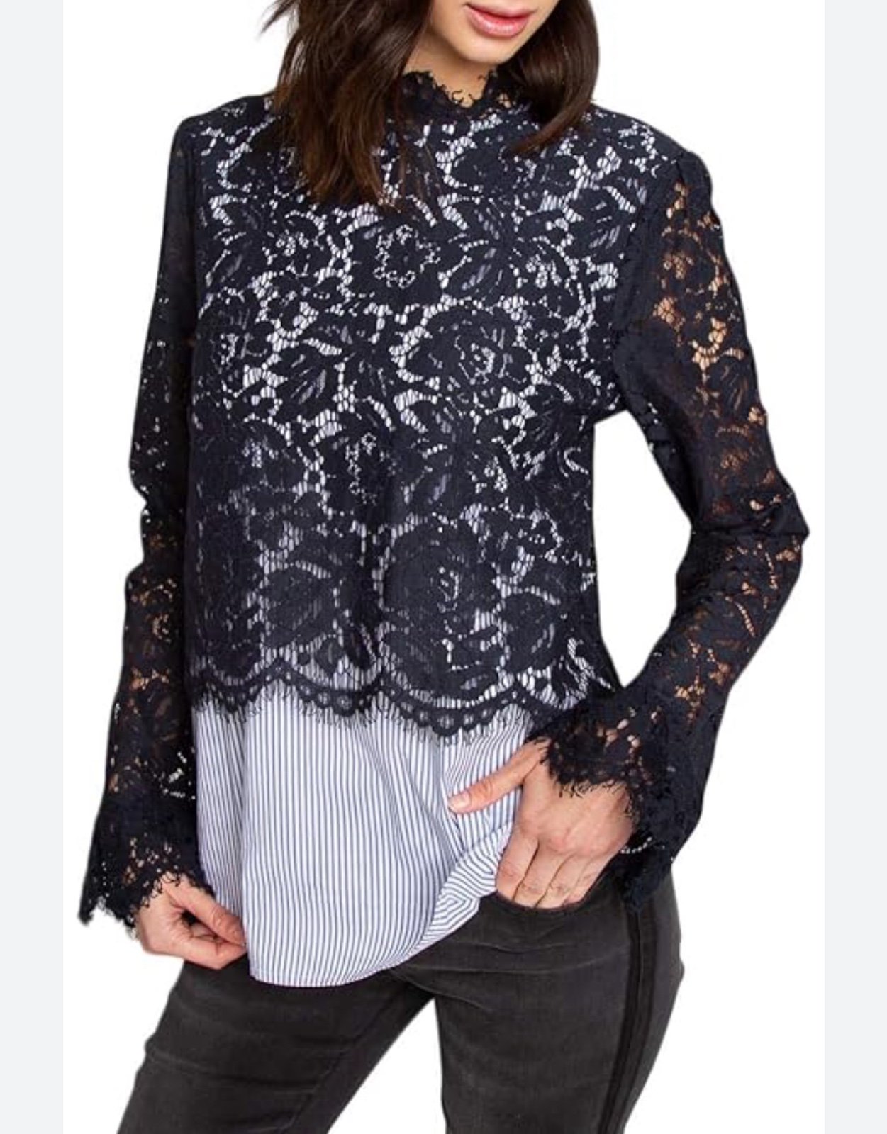 Sugar + Lips Pinstripe and Lace Blouse Size Large
