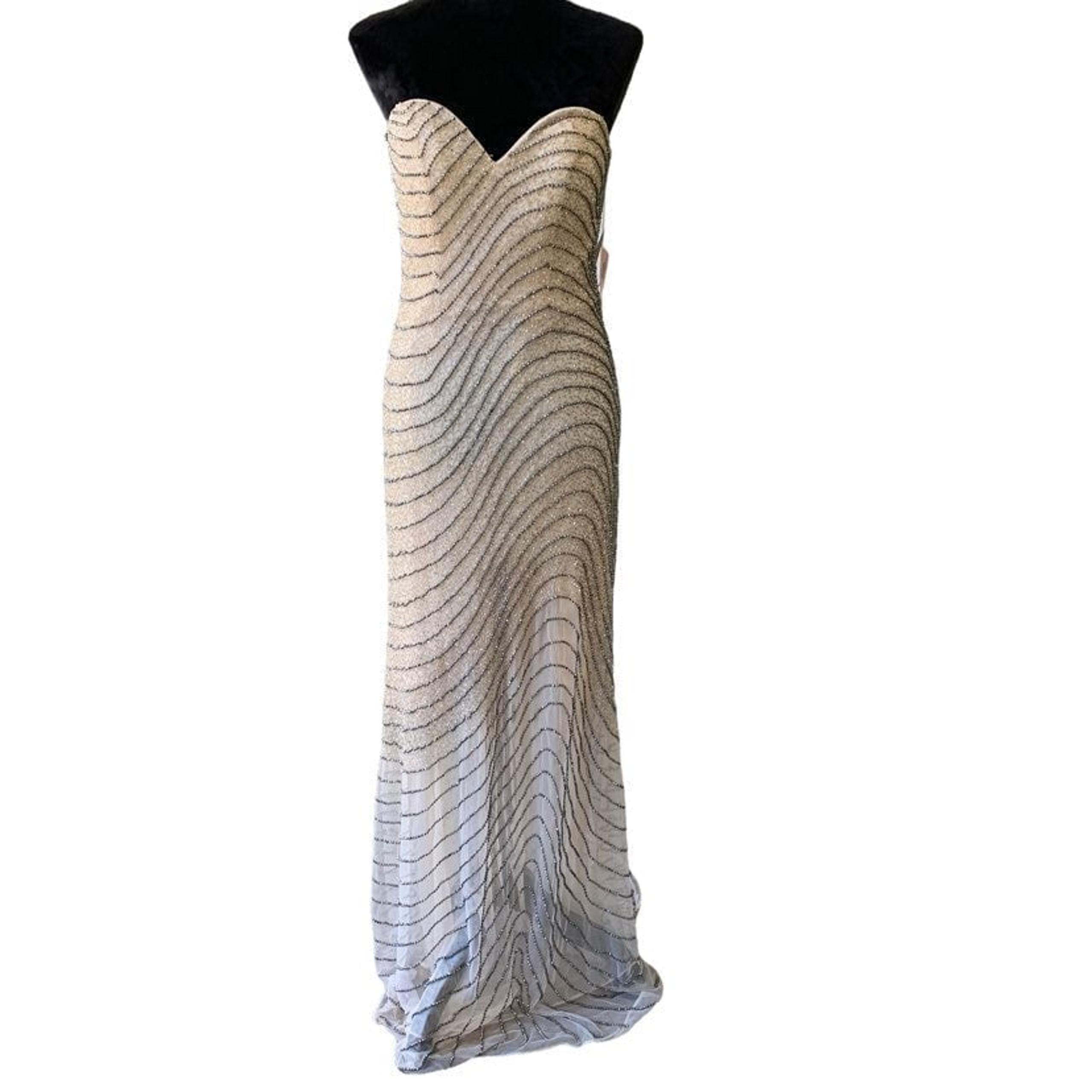 Primavera Nude Strapless Beaded Half Sheer Gown Dress