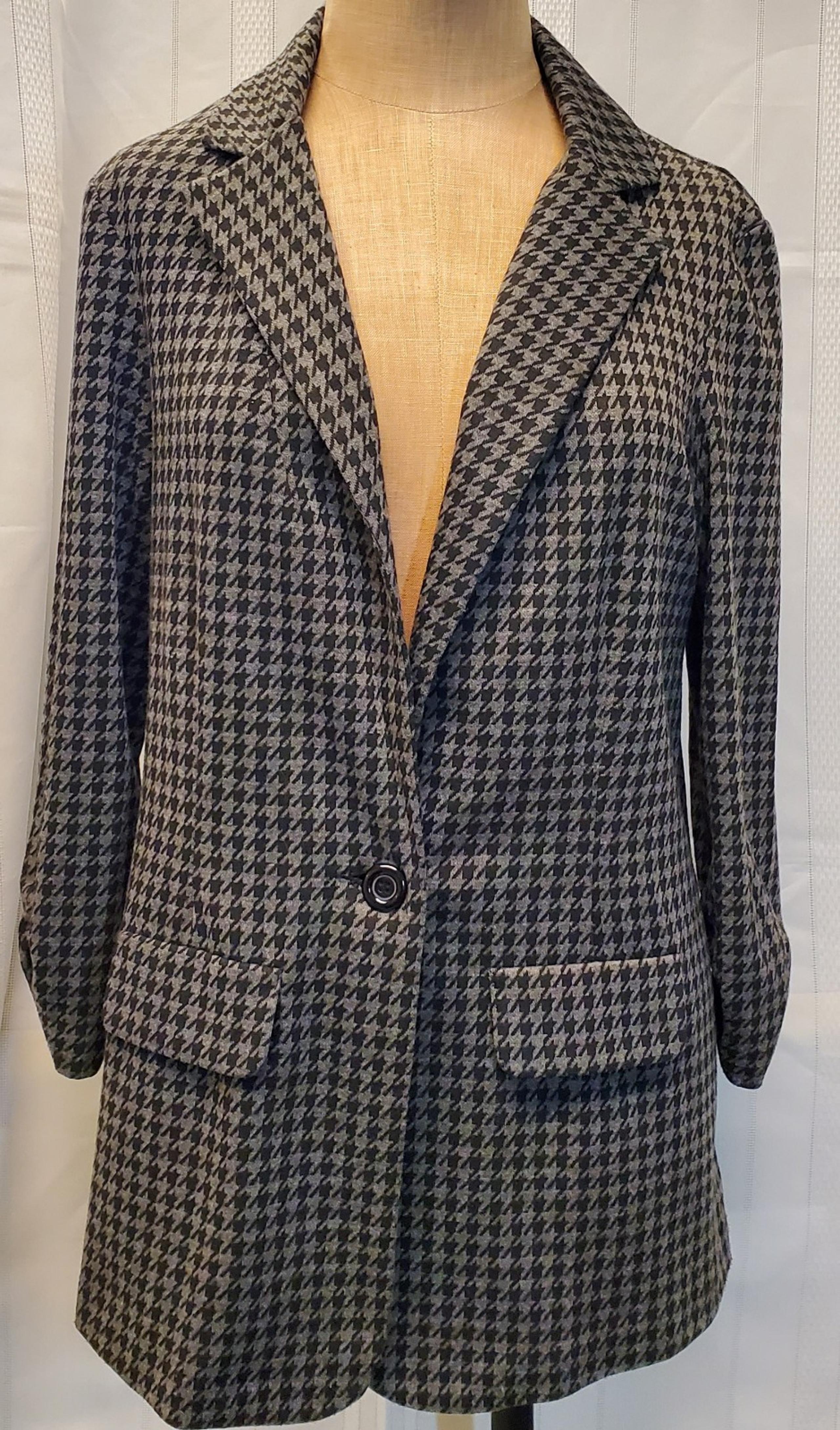 Soho Apparel Black Grey Houndstooth Blazer Jacket Womens Sz M One Button