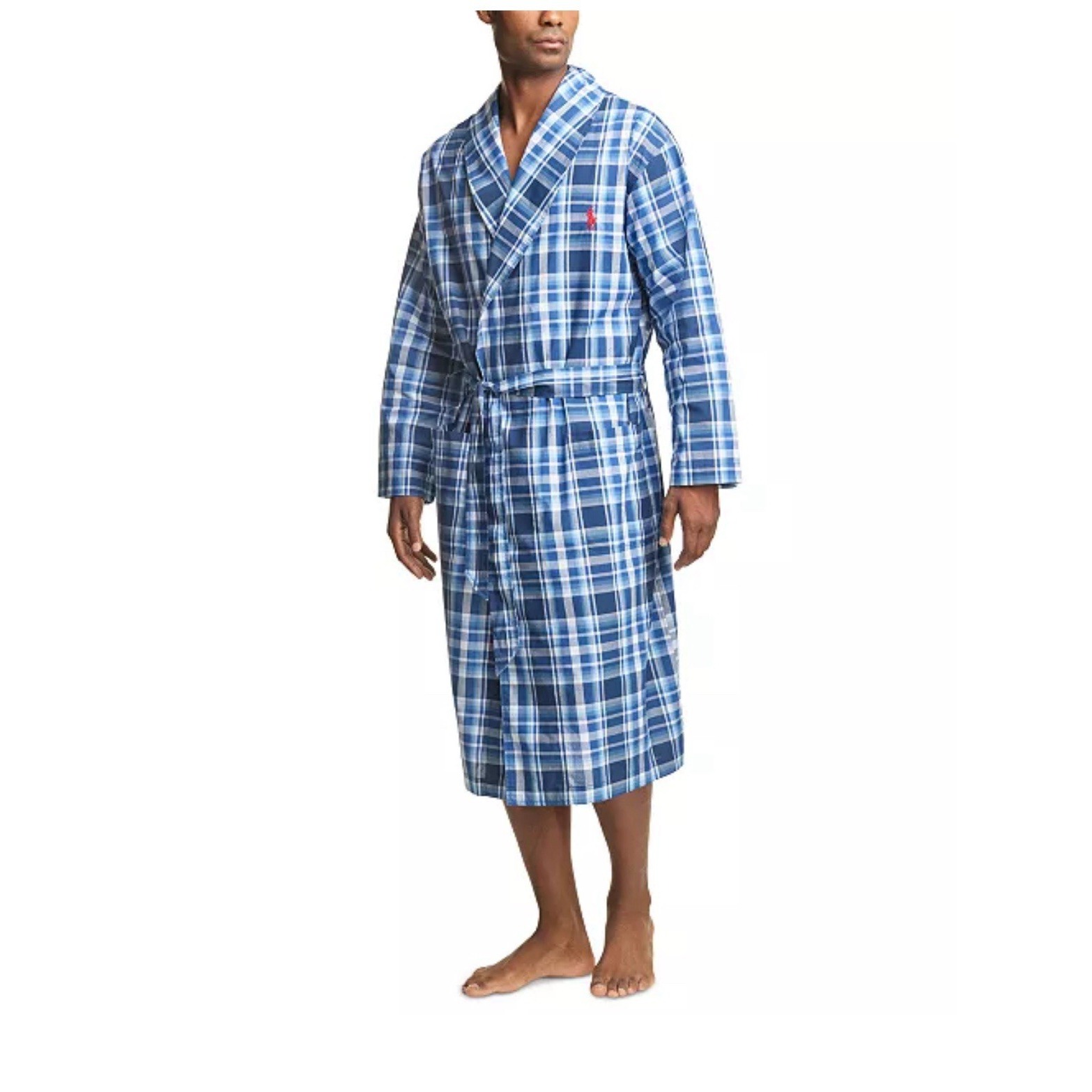 Polo Ralph Lauren BLUE/White Lafayette Plaid Cotton Robe Men's L/XL RED PONY EUC
