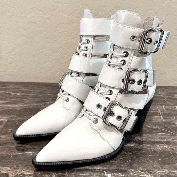 Jeffrey Campbell Caceres White Patent Leather Buckle Boots