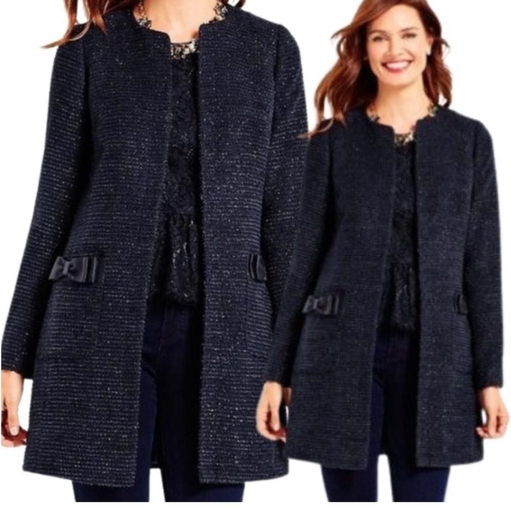 NWT RSVP by Talbots Lurex Metallic Blue Tweed Jacket Bow Size 6
