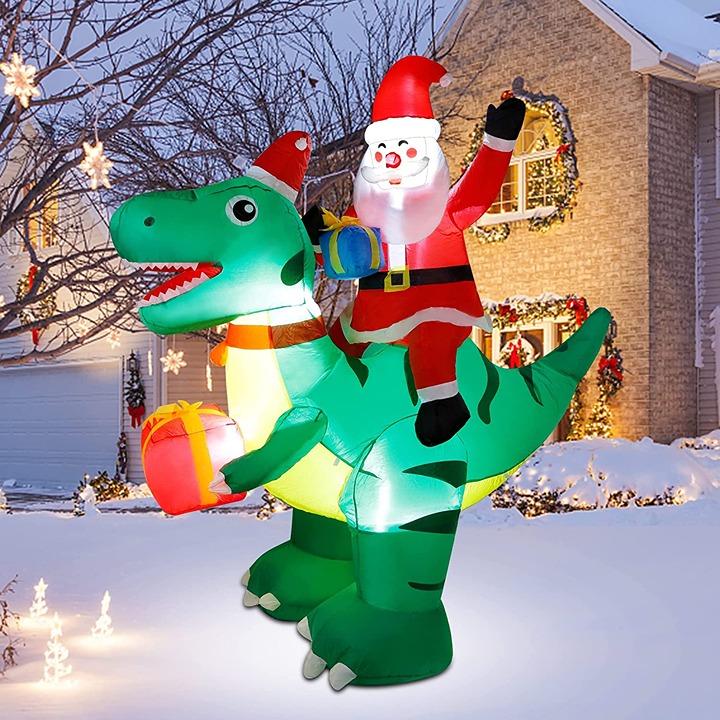 7 Ft Christmas Inflatable Santa Claus Ride on Dinosaur, Build-in LED Lights