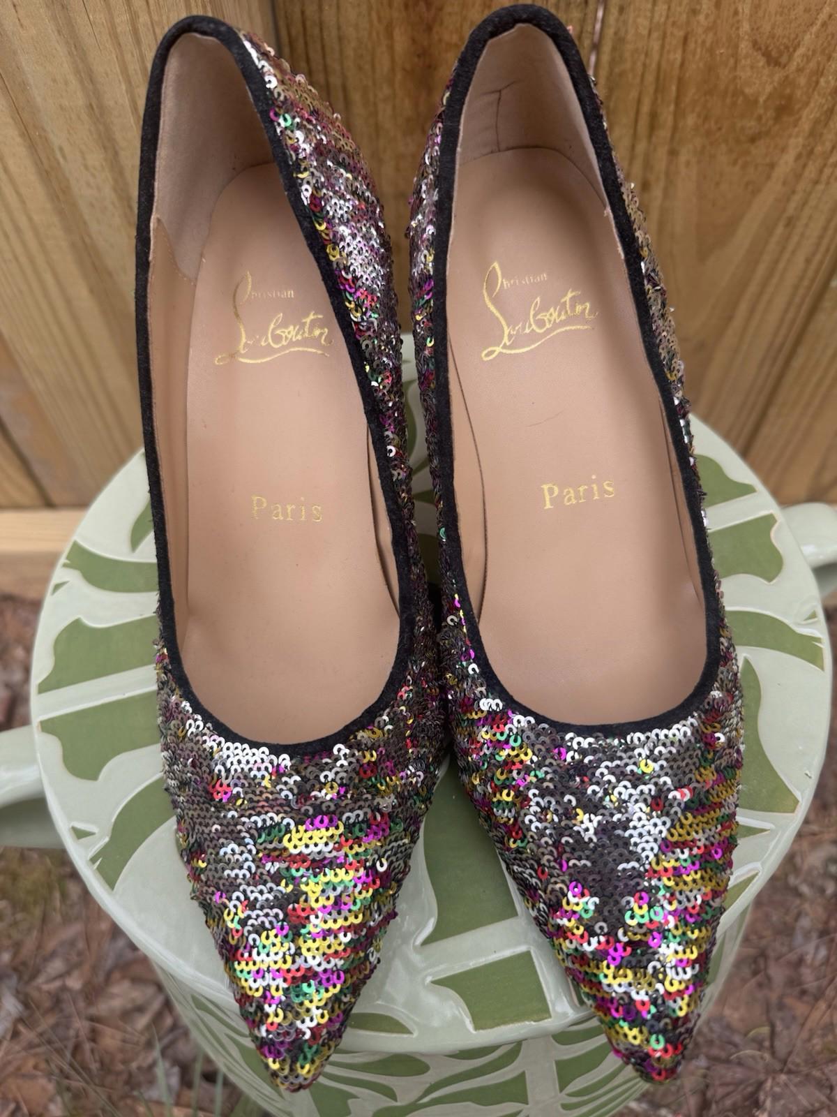 Christian Louboutin Pigalle Follies Pumps Silver and Multicolor Sequin Size 38