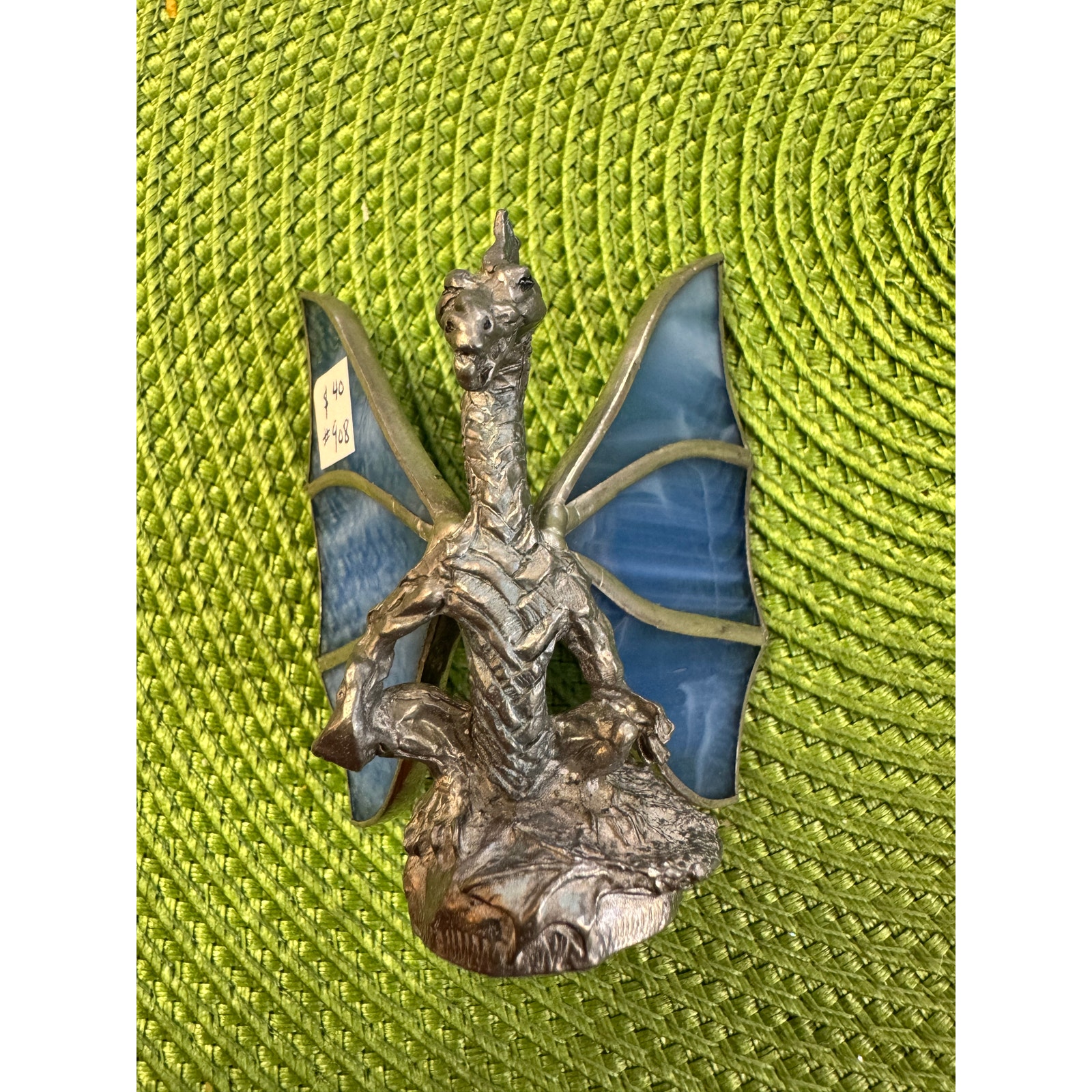 Pewter dragon with blue glass wings