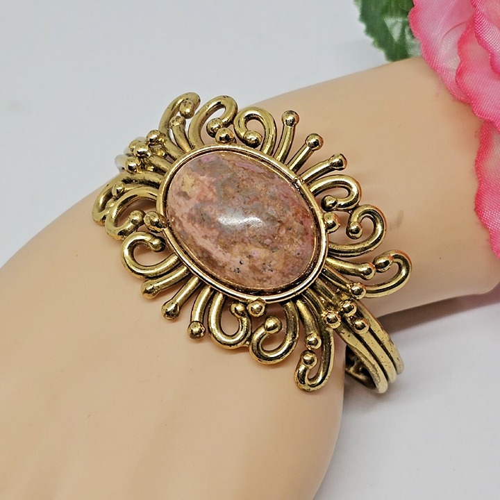 Vintage Signed IXEL Pink Jasper Gold Tone Cuff Bracelet