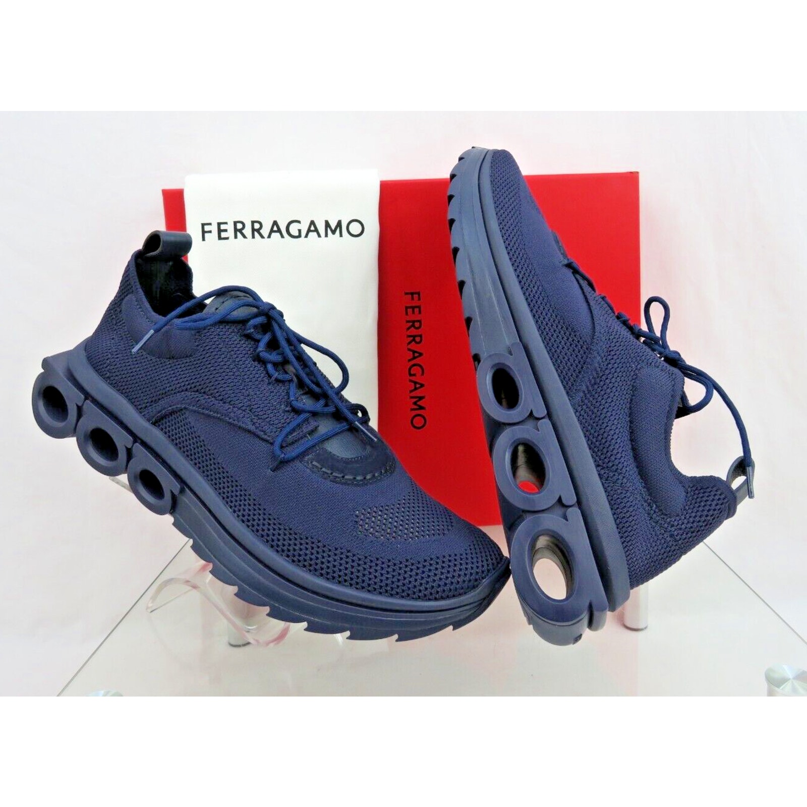 1K NIB FERRAGAMO DARK BLUE NIMA LEATHER MESH LOGO LOW SNEAKERS US 12 45 ITALY
