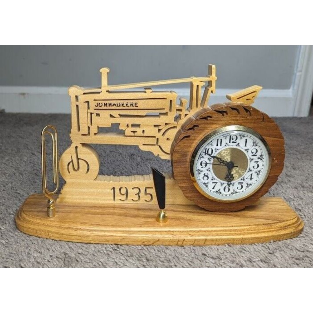 Handmade Wooden Carved John Deere Desk Clock Organizer Quartz Made in USA