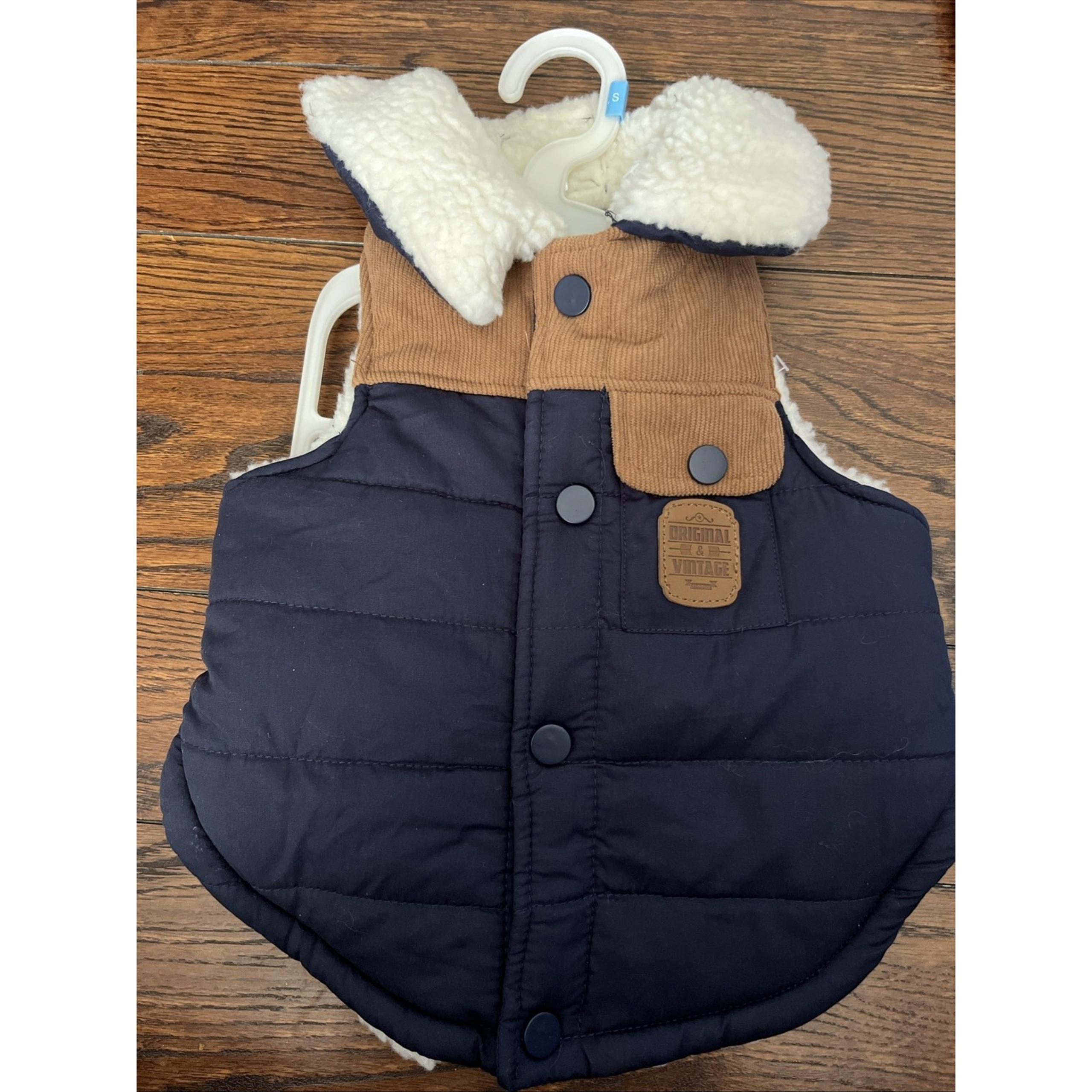 FabDog Pet Navy Quilted Sherpa Pile Lined Jacket w/Tan Corduroy Small
