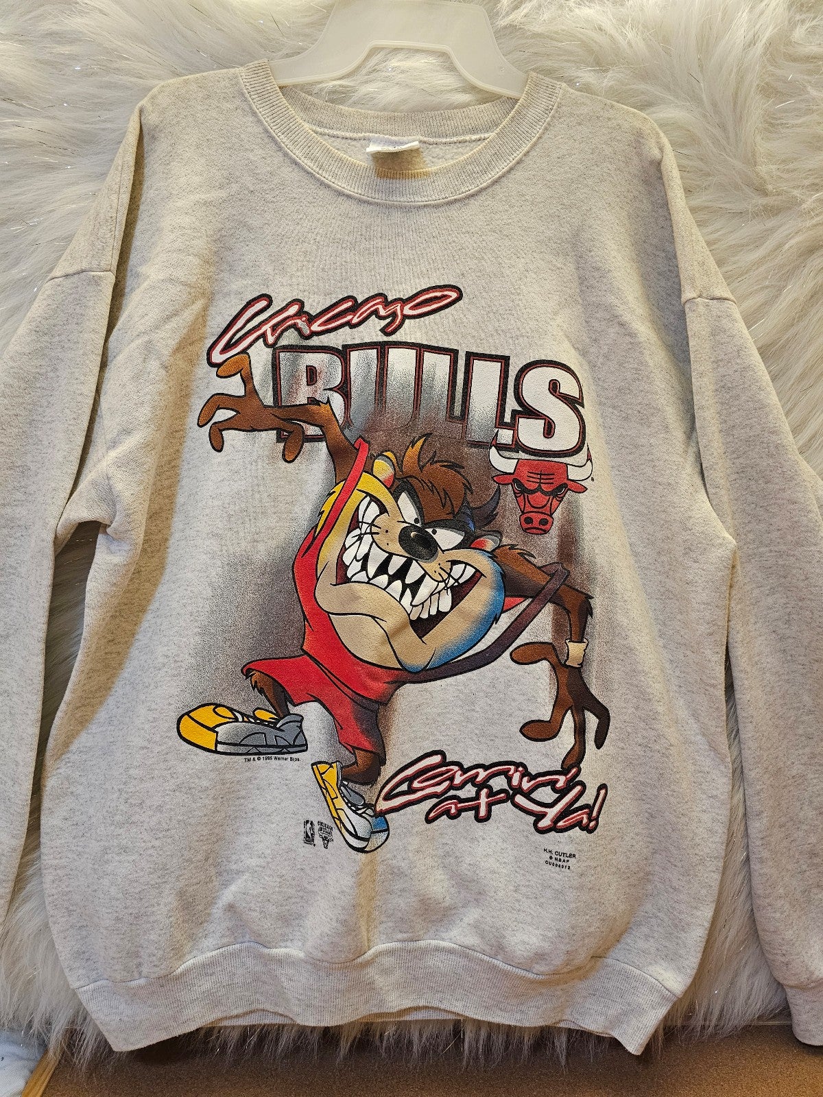 VINTAGE 1995 TAZ CHICAGO BULLS Crew Neck Sweatshirt Grey Unisex Xl