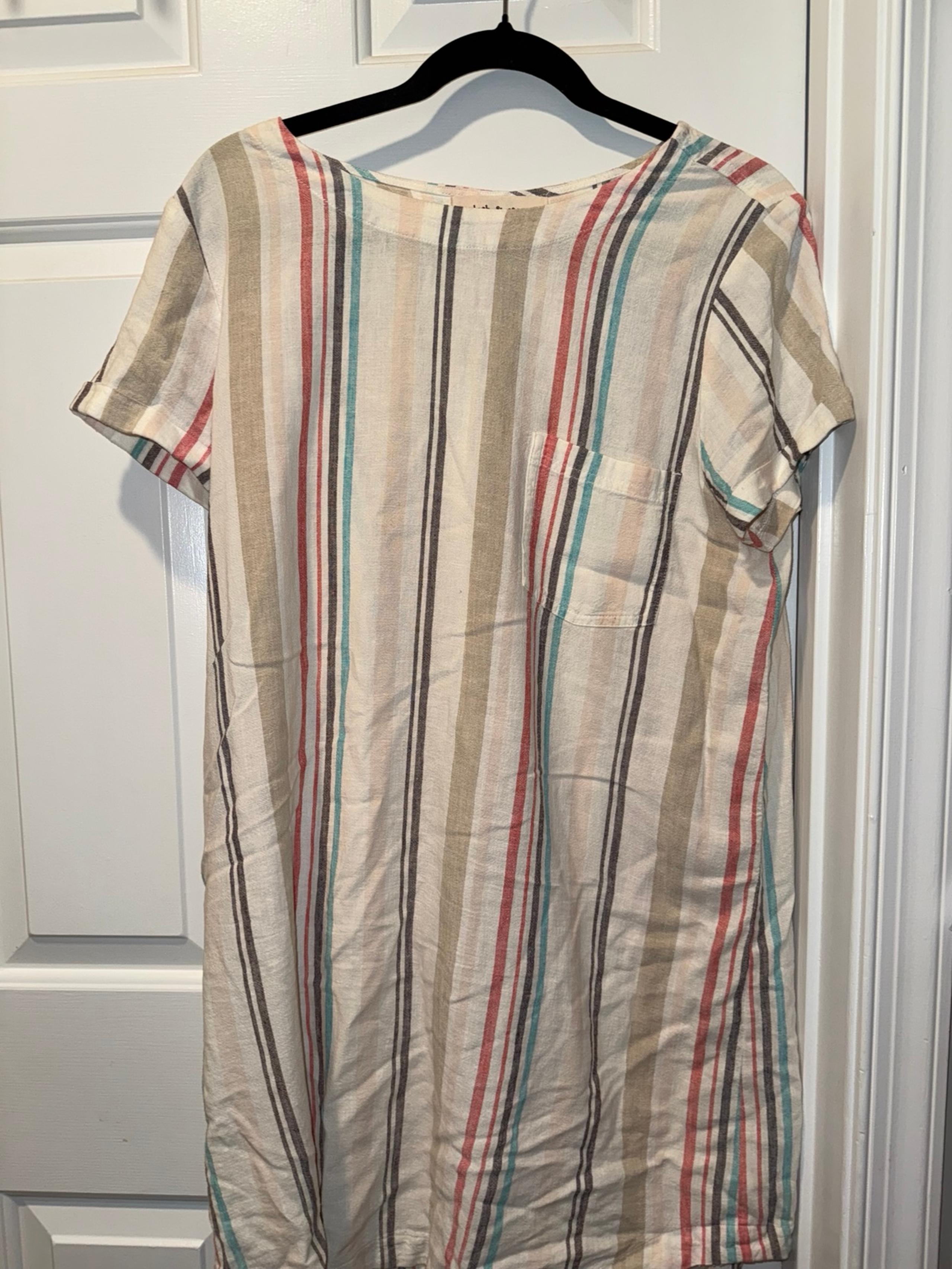 Cloth & Stone Striped Linen Blend Tunic Dress Womens Medium, with Button Back