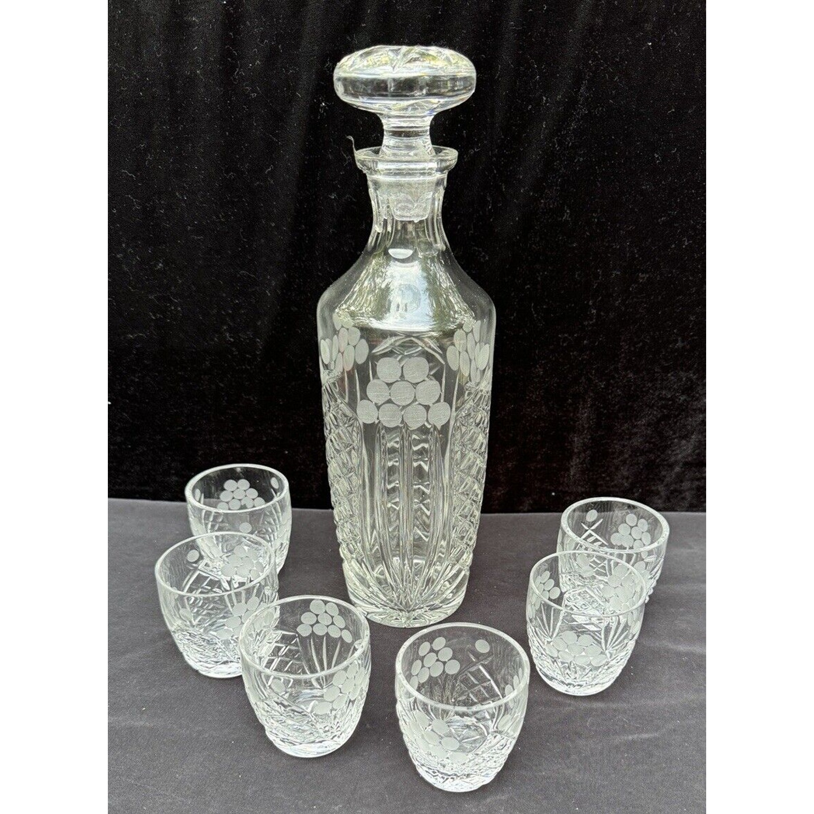 Vintage Etched Cut Crystal Decanter & Liqueur Shot Glasses Waterford Style
