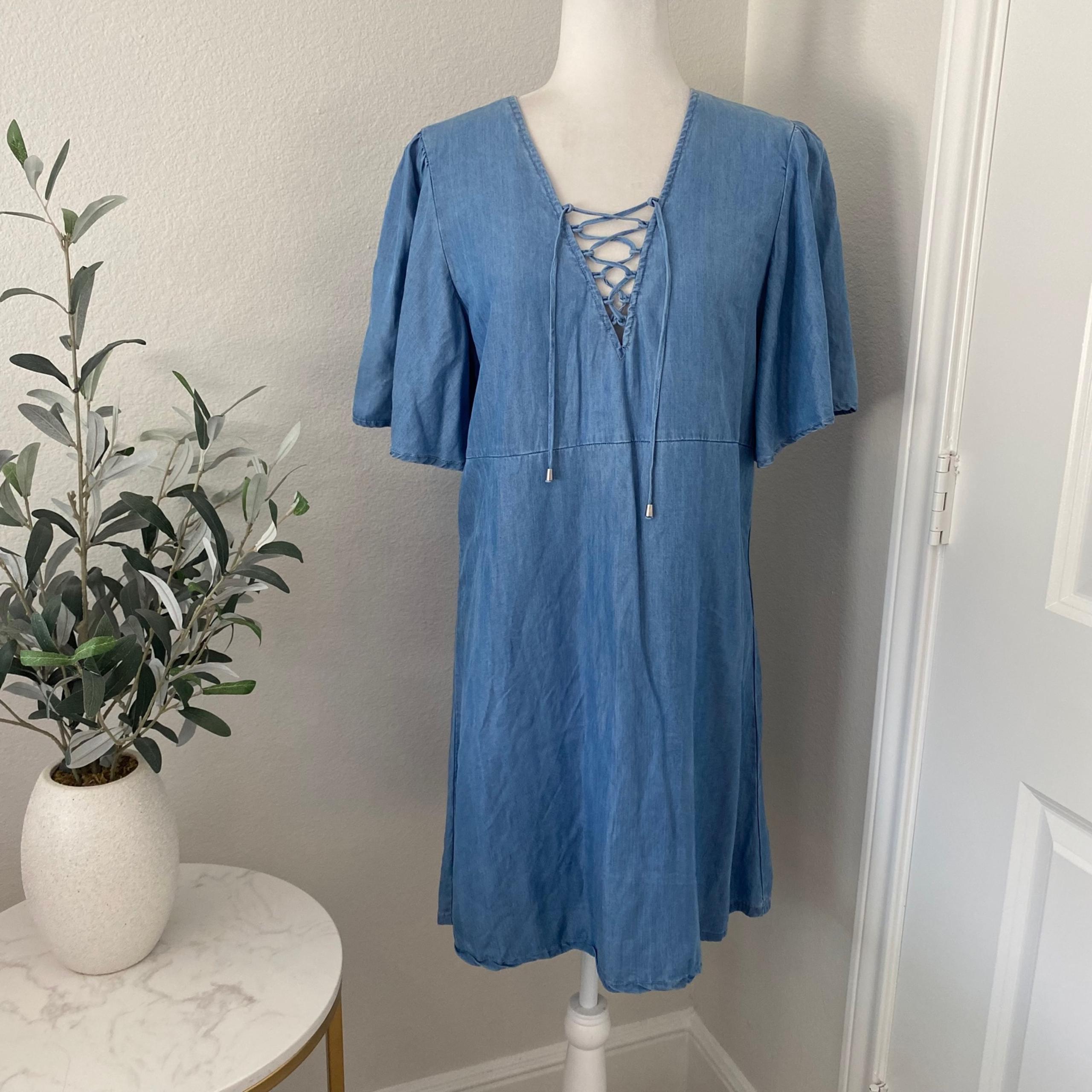 Lovers & Friends washed ashore denim chambray tencel lace ip bell sleeve dress