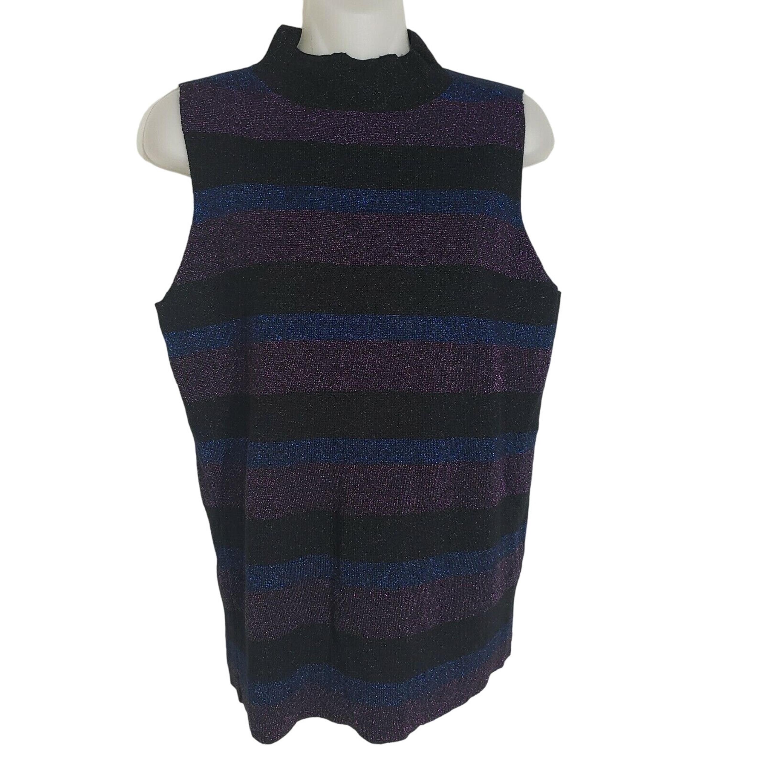 Nine West Womens Sweater Medium Mock Neck Sparkle Multicolor Stripe Sleeveless