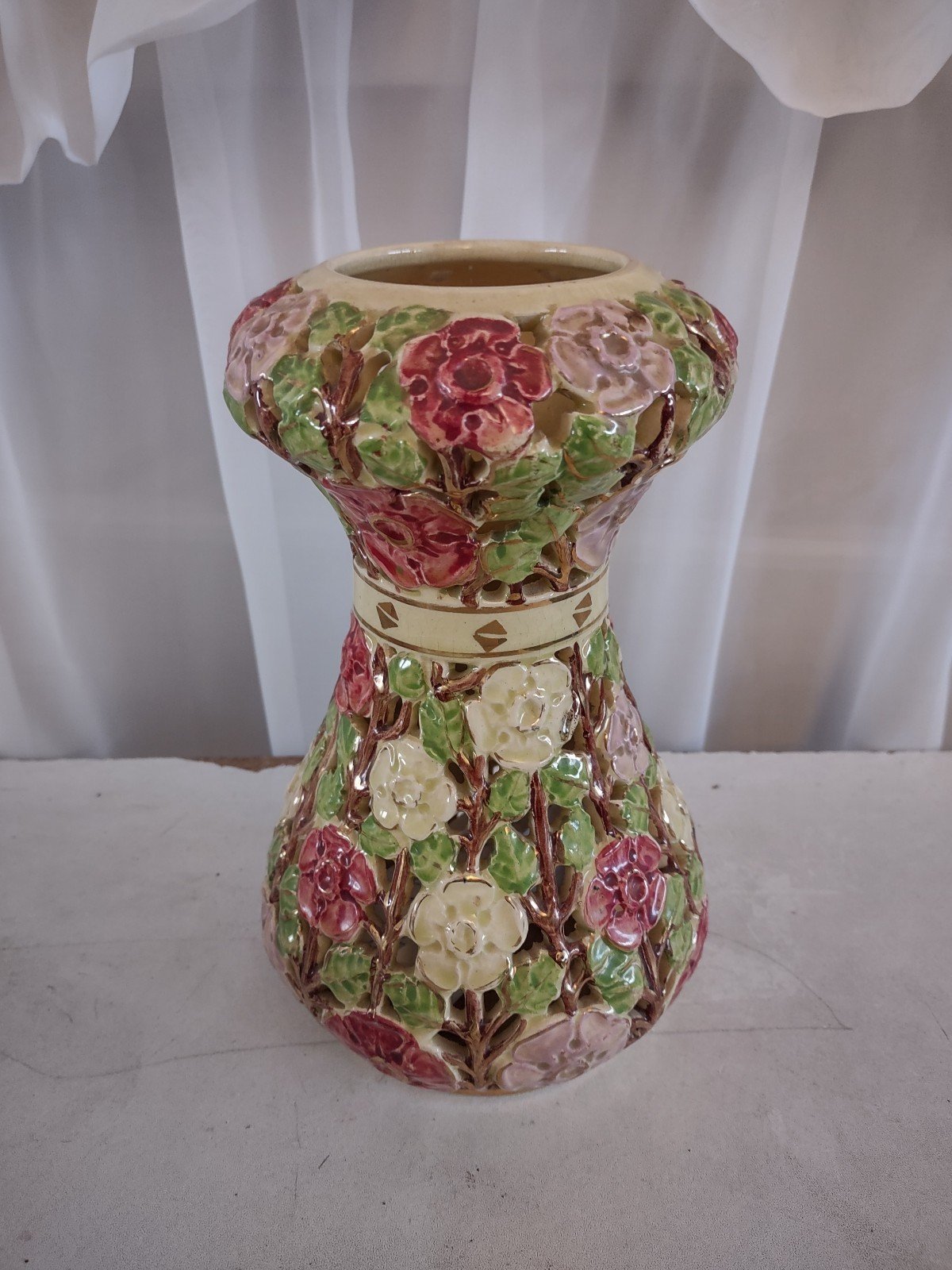 Emil Fischer Budapest antique 1920s, reticulated floral art vase