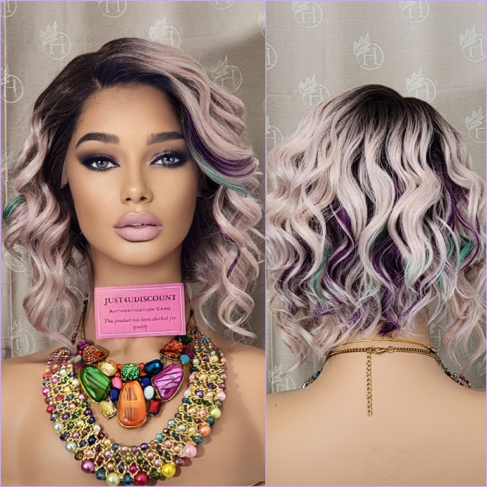 Cotton candy factory pink celebrity wavy lace wig with green and purple highlights