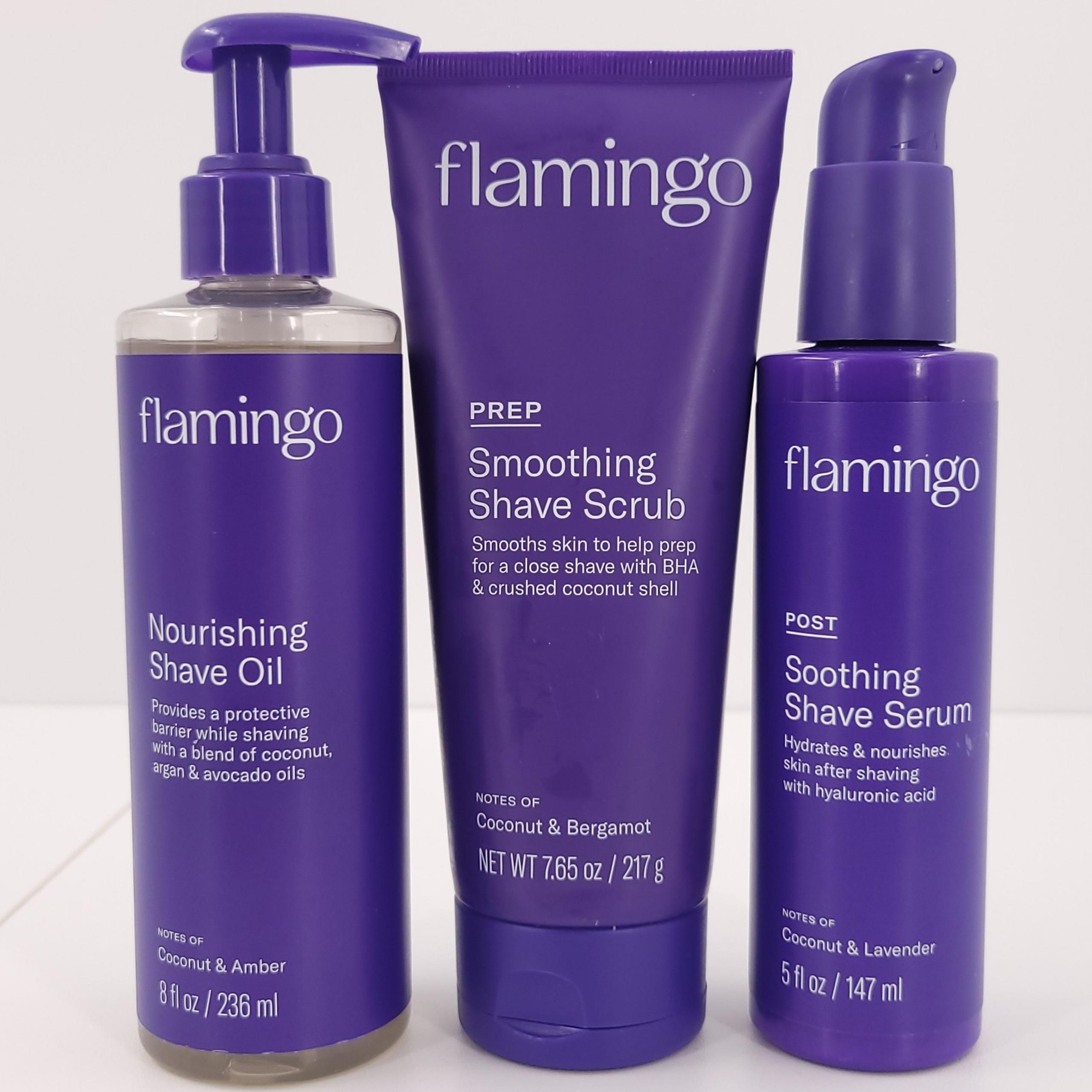 Flamingo Shave Bundle of 3 Smoothing Scrub Nourishing Oil Soothing Serum Coconut