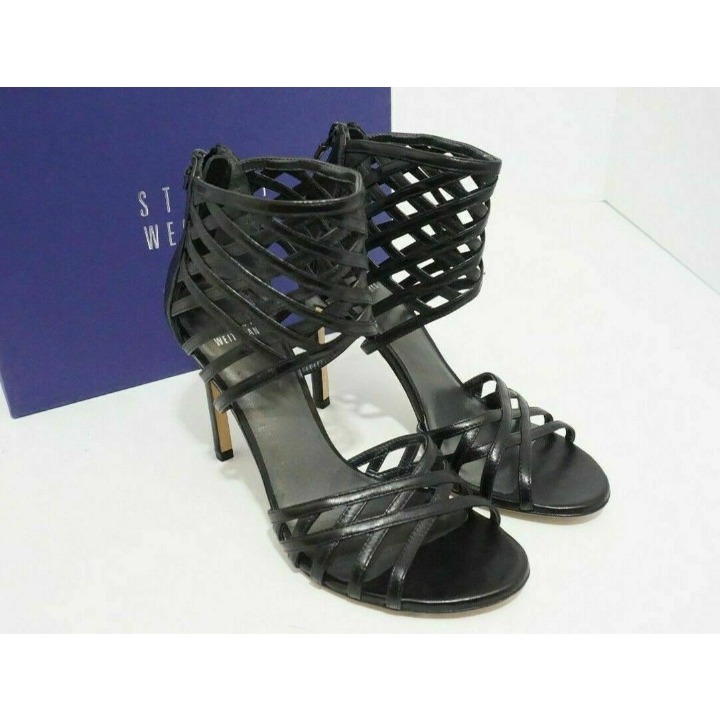 Stuart Weitzman Cajun High Heels boot Sandals Woven Black Leather US 6.5 535